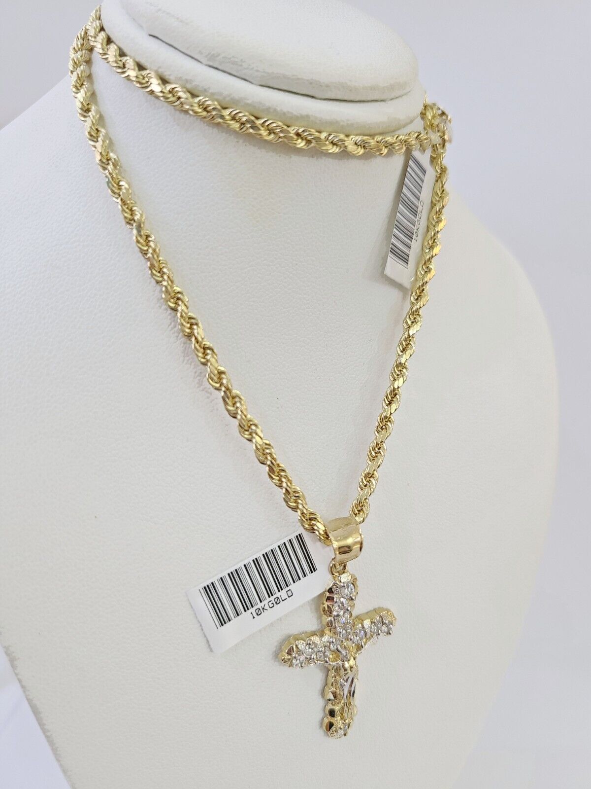 10K Gold Rope Chain 3mm Length 18" 20" 22" 24" 26" 28" 30" & Cross Charm - GoldenlinQ
