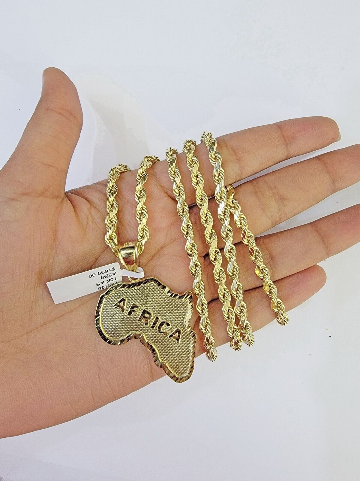 10K Gold Rope Chain African Map Charm Pendant Diamond Cut Men's Women's - GoldenlinQ