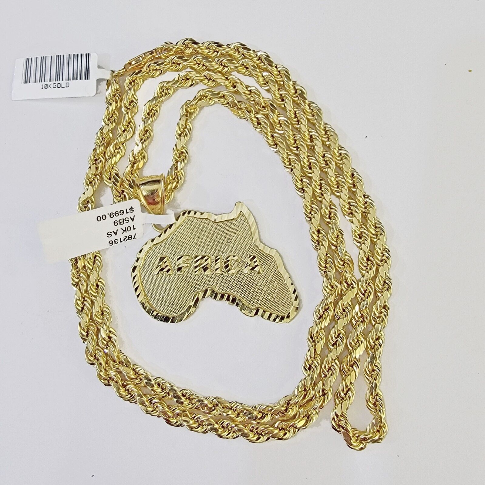 10K Gold Rope Chain African Map Charm Pendant Diamond Cut Men's Women's - GoldenlinQ