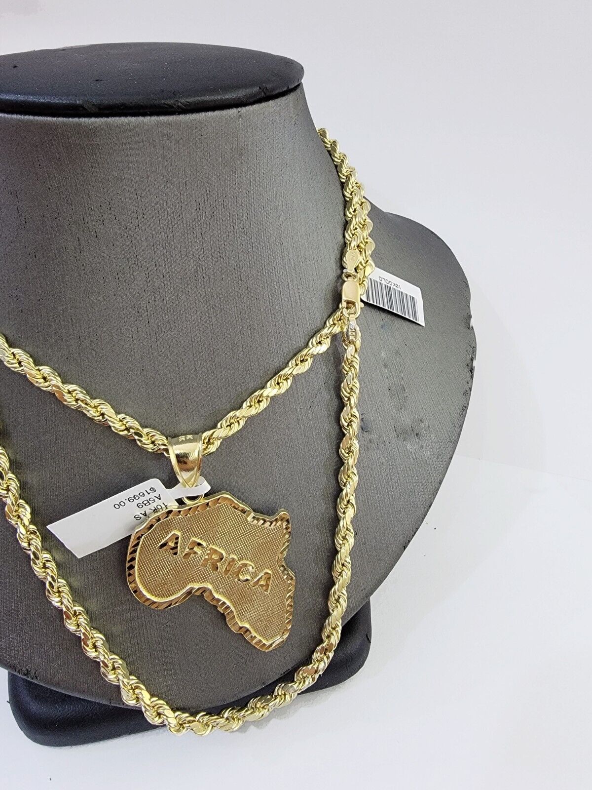 10K Gold Rope Chain African Map Charm Pendant Diamond Cut Men's Women's - GoldenlinQ