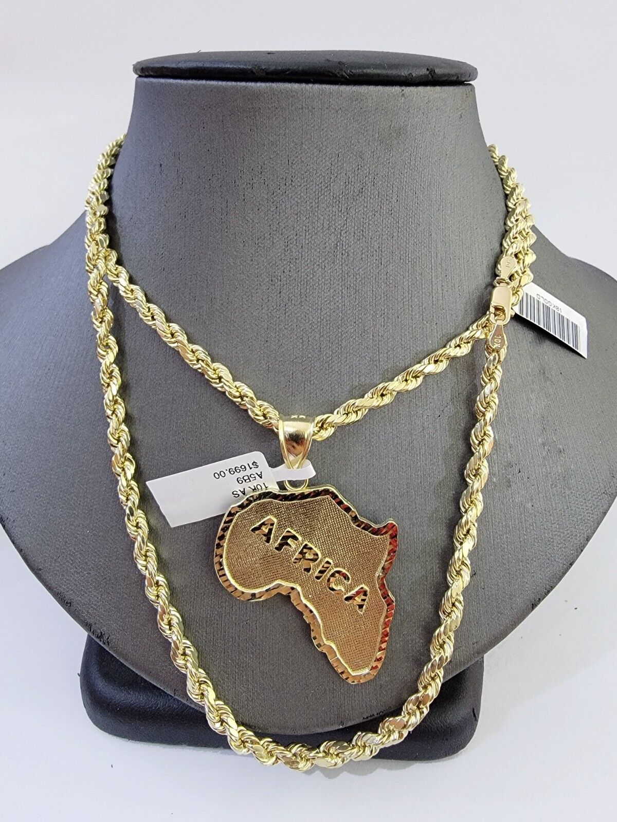 10K Gold Rope Chain African Map Charm Pendant Diamond Cut Men's Women's - GoldenlinQ