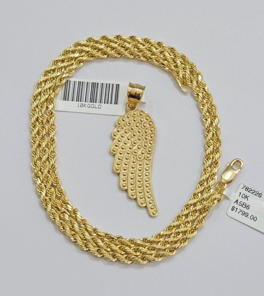 10k Gold Rope Chain Angel Wing Charm Pendant Set 18 - 28'' Inch 3mm Necklace REAL - GoldenlinQ