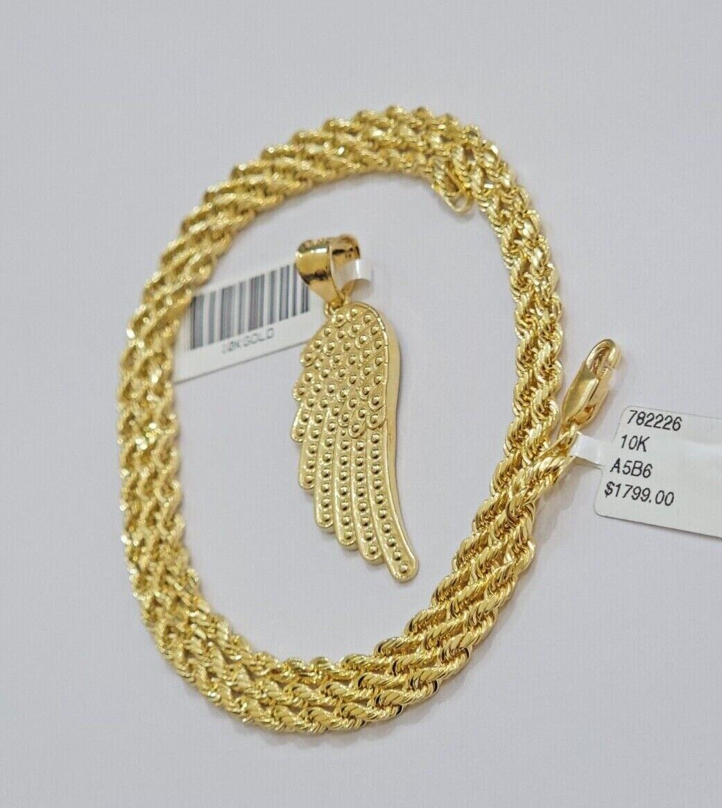 10k Gold Rope Chain Angel Wing Charm Pendant Set 22" Inch 3mm Necklace REAL SALE - GoldenlinQ