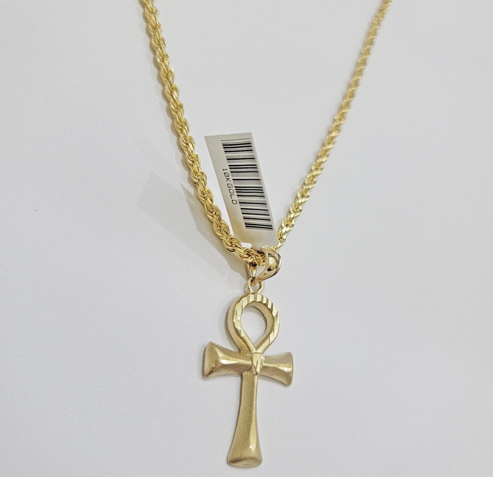 10k Gold Rope Chain Ankh Cross Charm Pendant Set 18" - 28" inch 3mm Necklace, REAL - GoldenlinQ