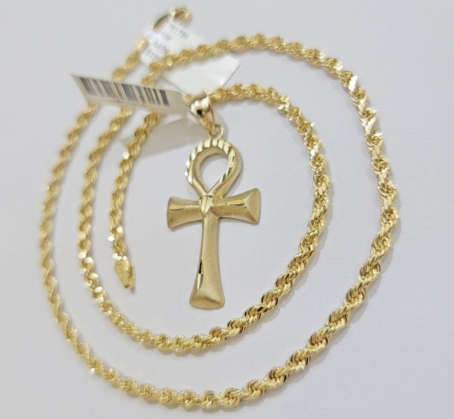 10k Gold Rope Chain Ankh Cross Charm Pendant Set 18" Inch 3mm Necklace, REAL SET - GoldenlinQ