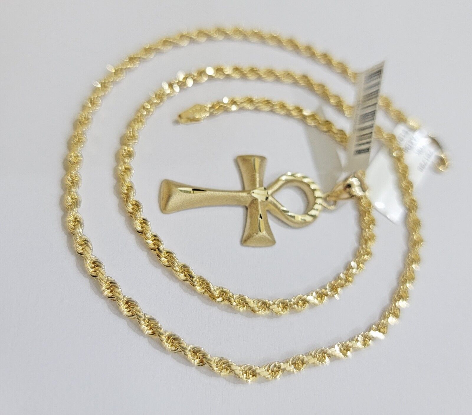 10k Gold Rope Chain Ankh Cross Charm Pendant Set 18" Inch 3mm Necklace, REAL SET - GoldenlinQ