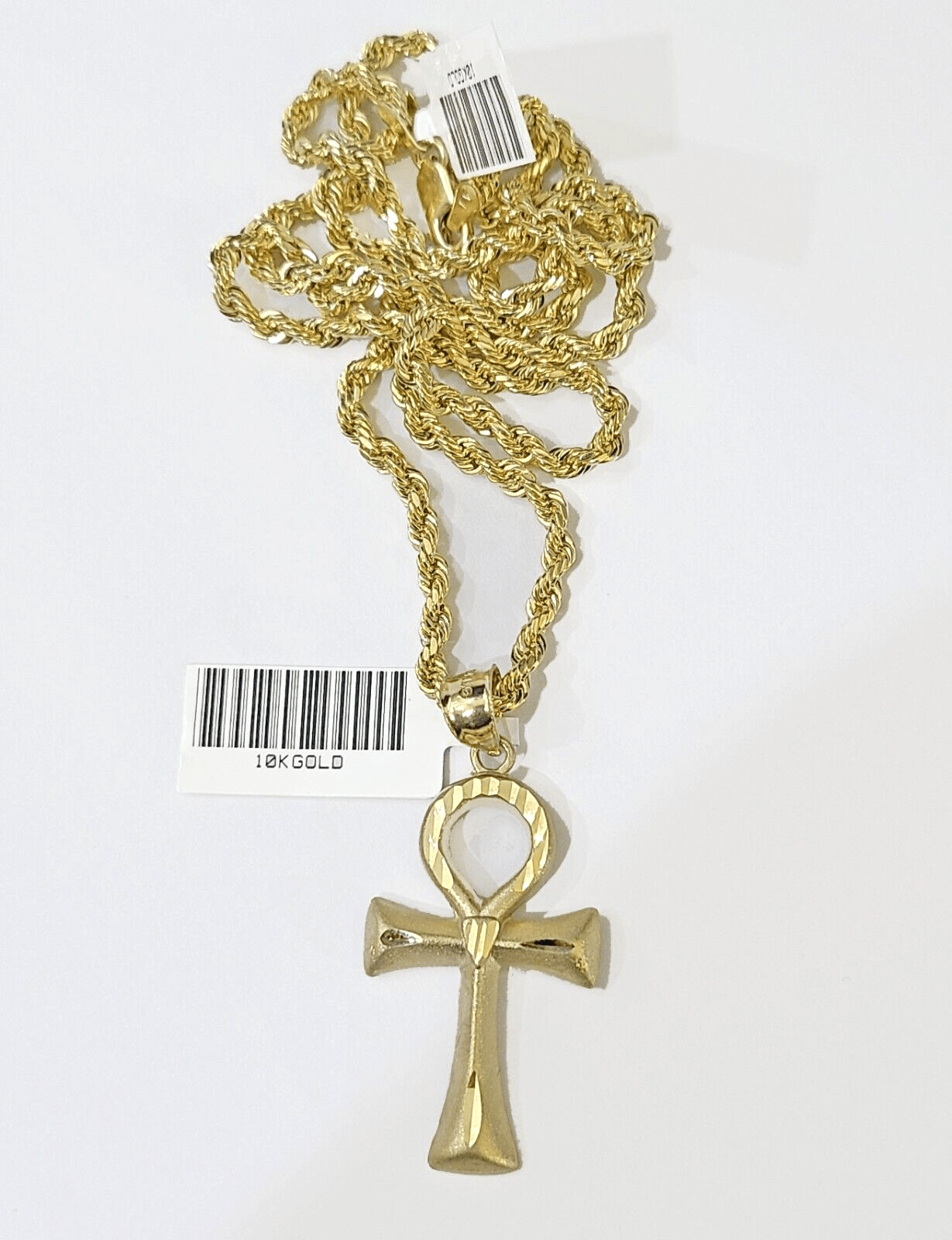 10k Gold Rope Chain & Ankh Cross Charm Pendent SET 3mm 20Inches Necklace - GoldenlinQ