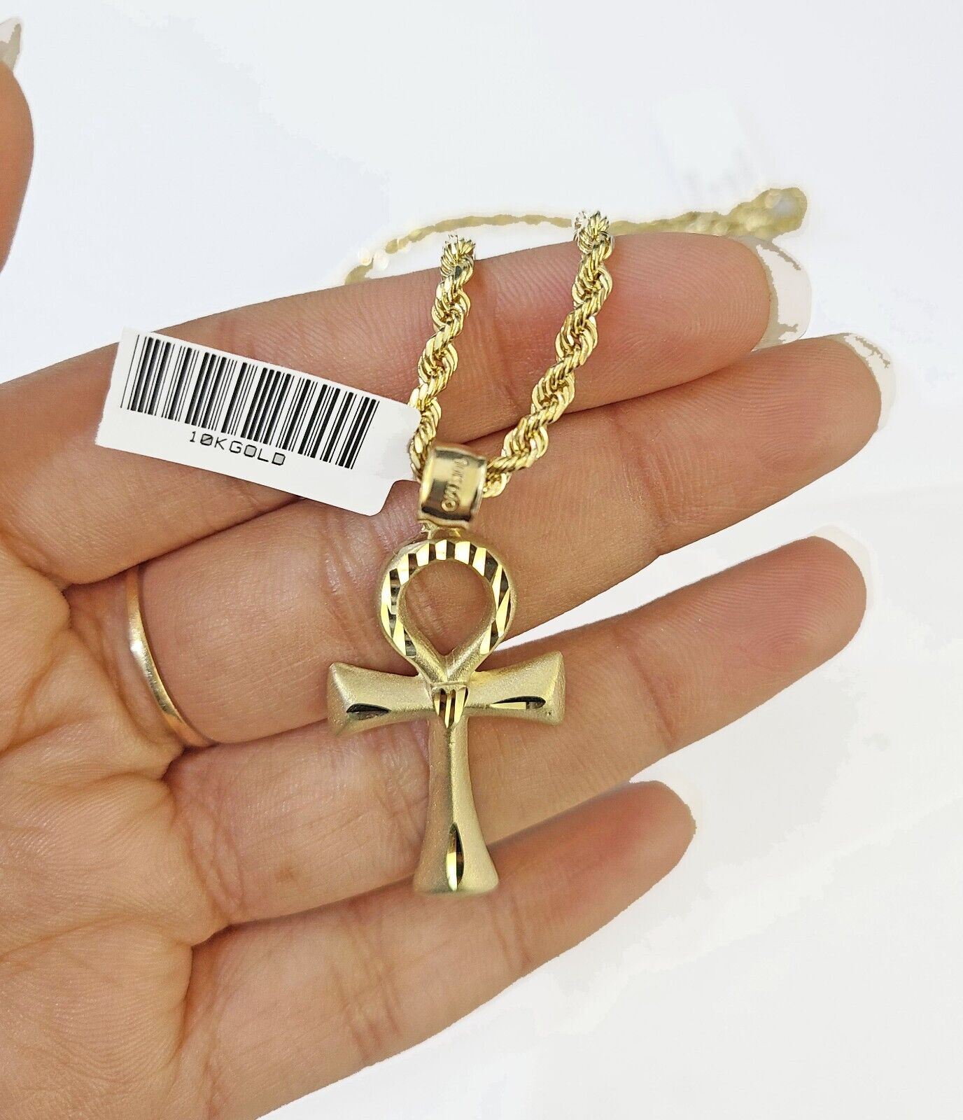 10k Gold Rope Chain & Ankh Cross Charm Pendent SET 3mm 22Inches Necklace - GoldenlinQ