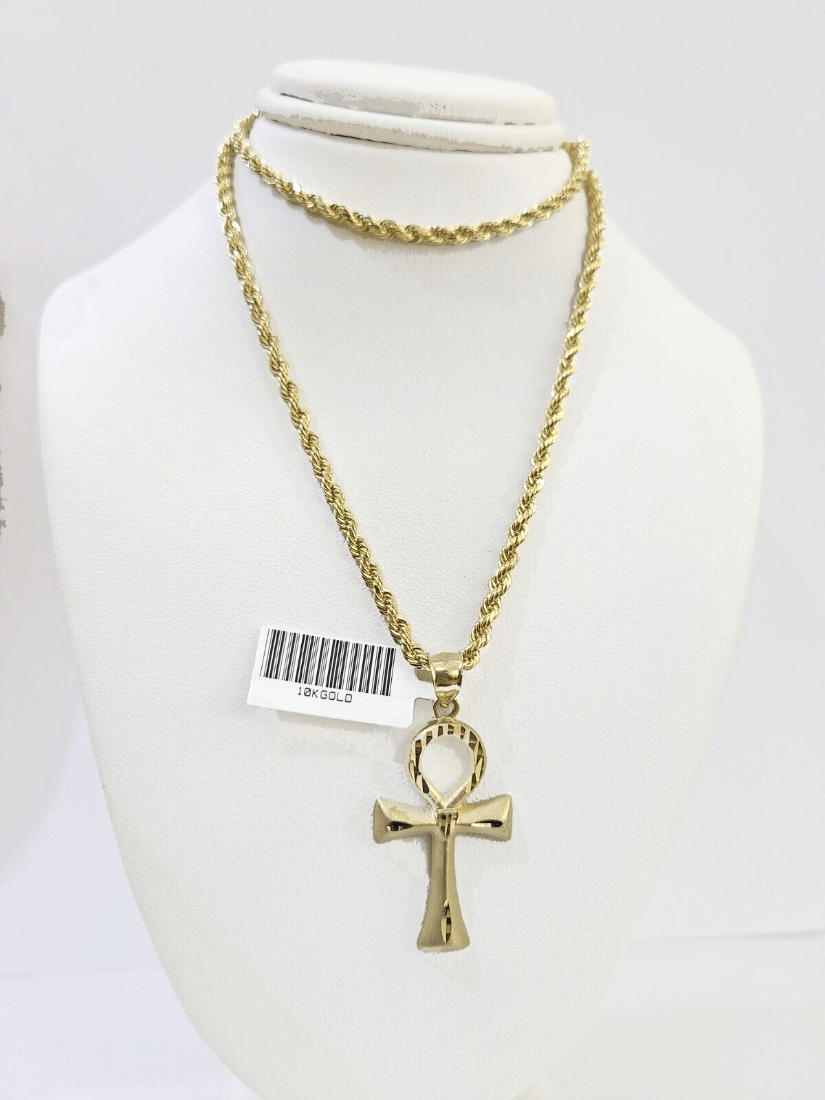 10k Gold Rope Chain & Ankh Cross Charm Pendent SET 3mm 22Inches Necklace - GoldenlinQ