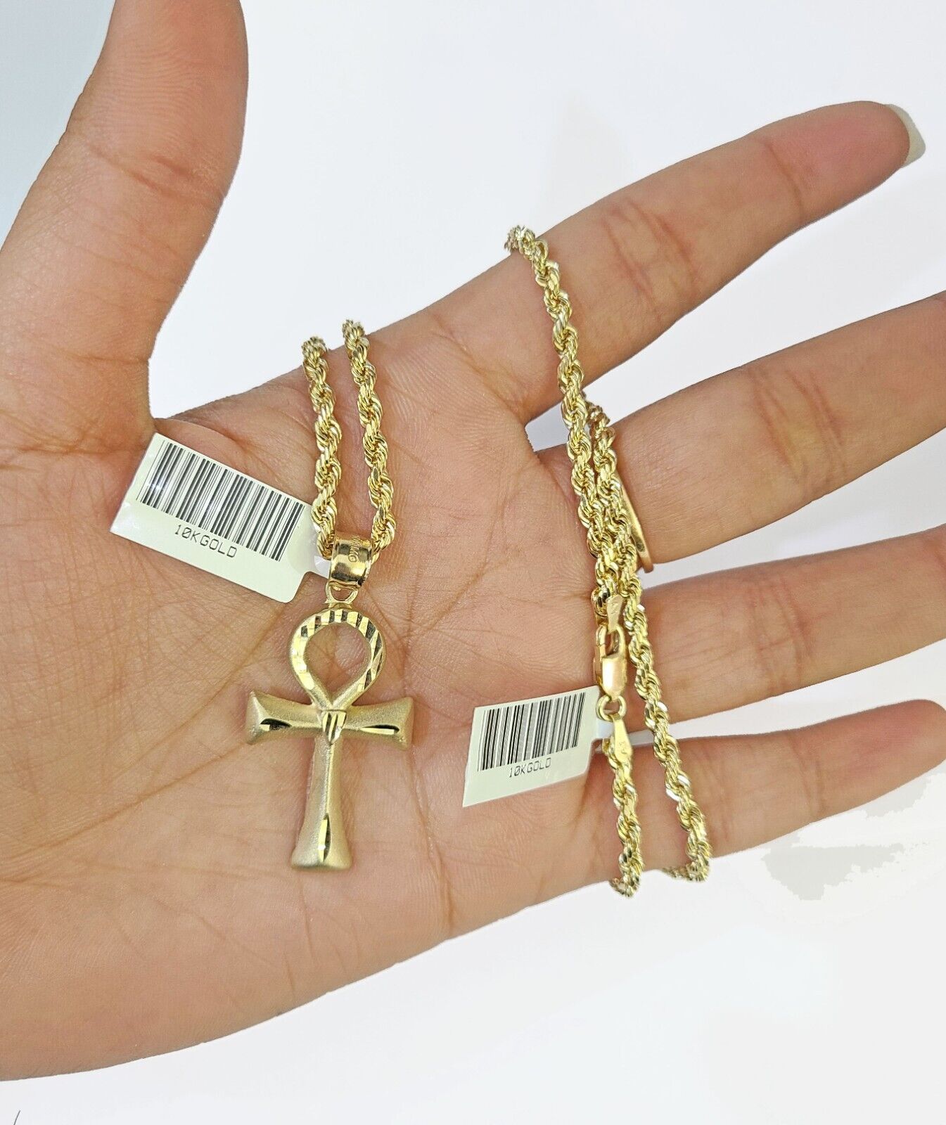 10k Gold Rope Chain & Ankh Cross Charm Pendent SET 3mm 24Inches Necklace - GoldenlinQ