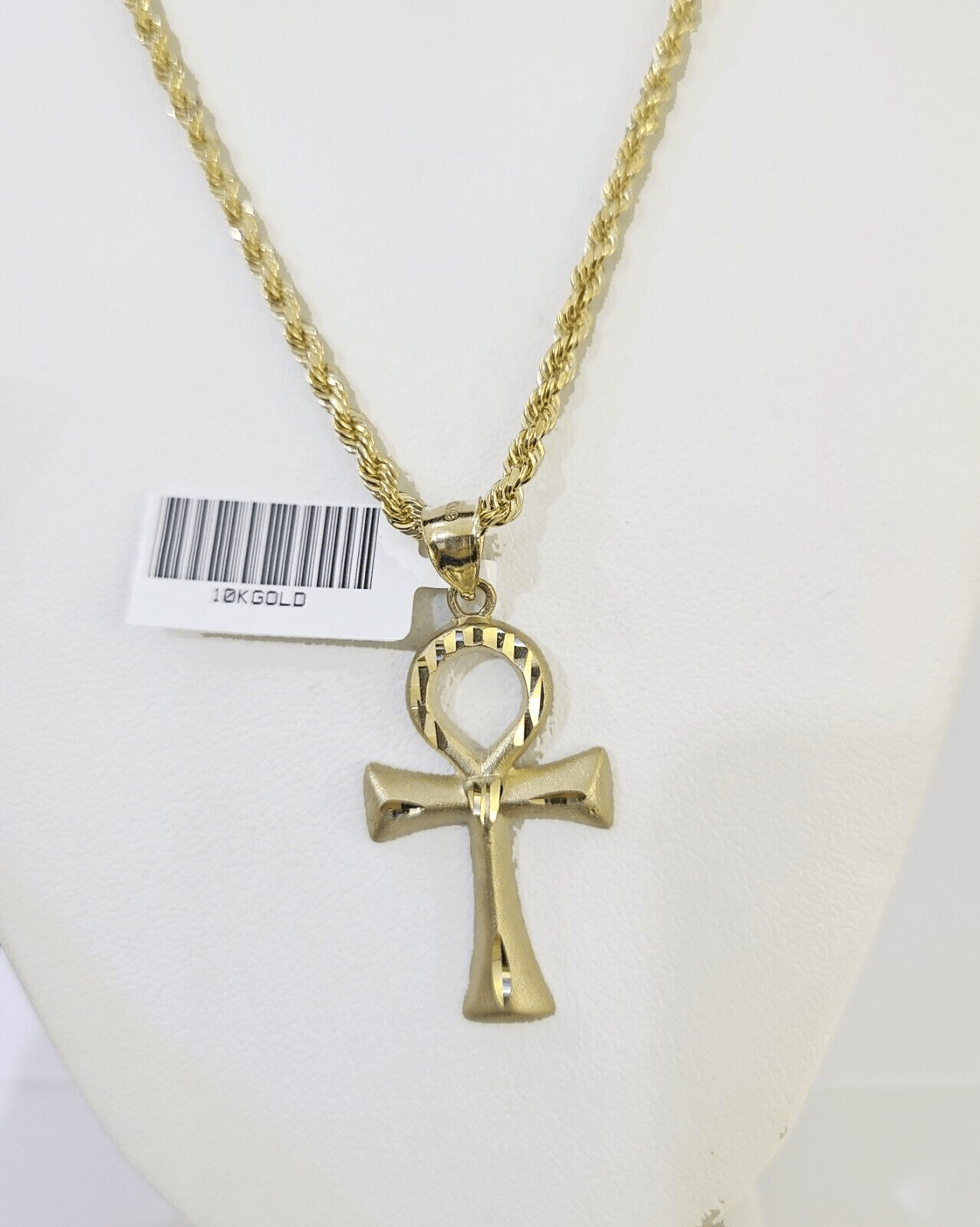 10k Gold Rope Chain & Ankh Cross Charm Pendent SET 3mm 26Inches Necklace - GoldenlinQ