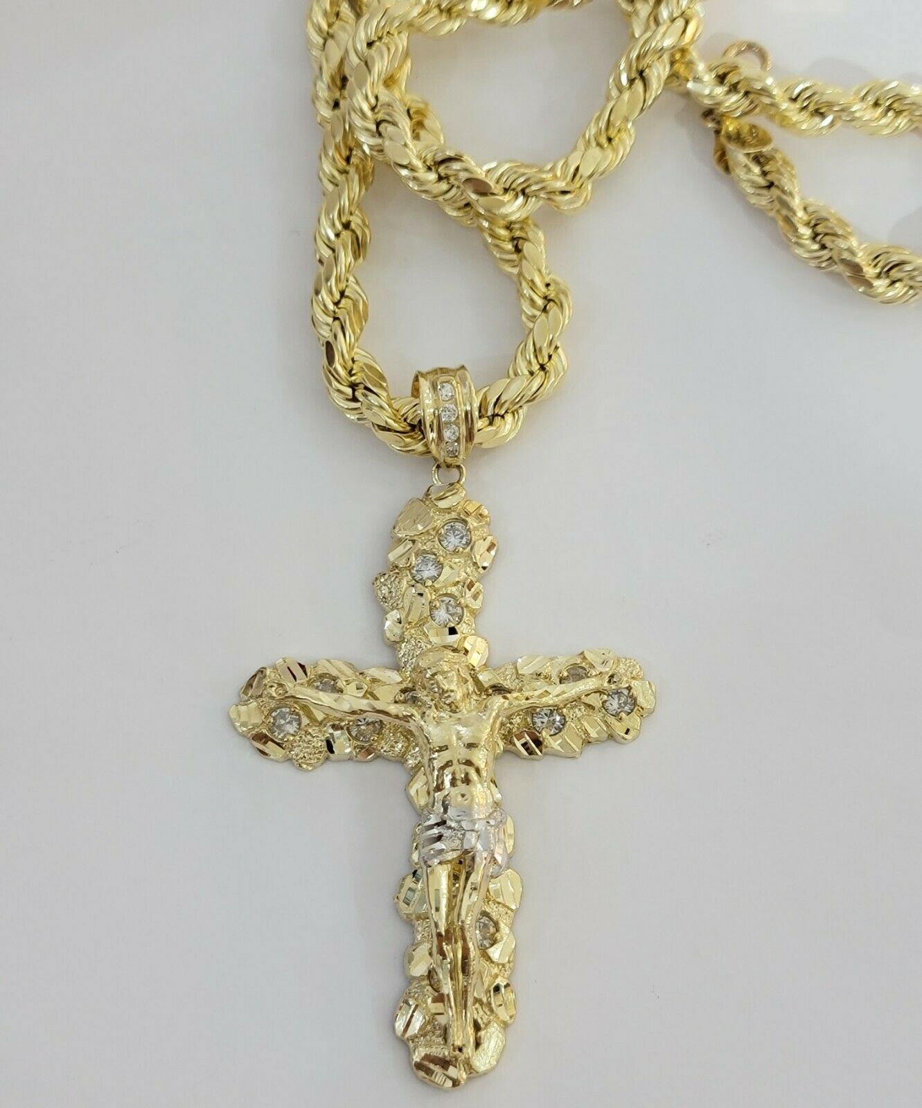 10k Gold Rope Chain & Cross Charm Pendant Mens 10kt Yellow Gold 8mm 24" Necklace - GoldenlinQ