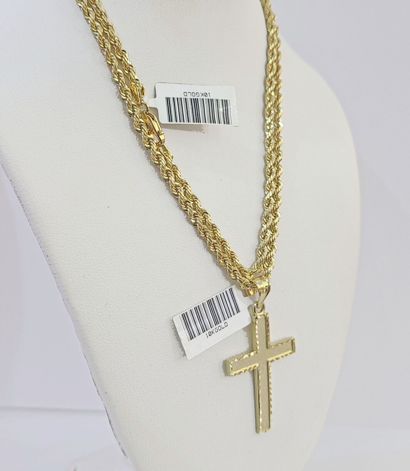 10k Gold Rope Chain & Cross Charm Pendent SET 3mm 22 Inches Necklace - GoldenlinQ