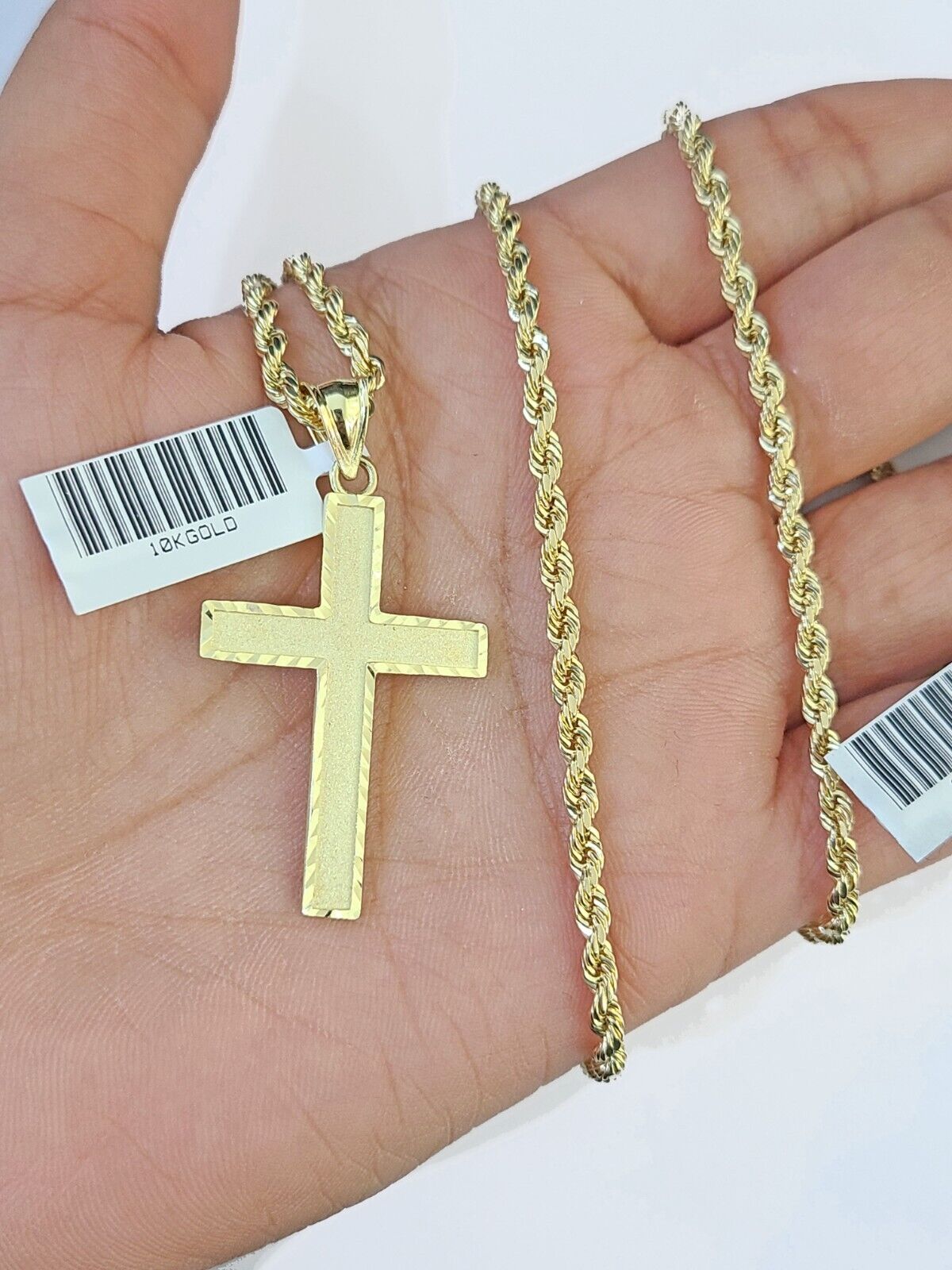10k Gold Rope Chain & Cross Charm Pendent SET 3mm 22 Inches Necklace - GoldenlinQ
