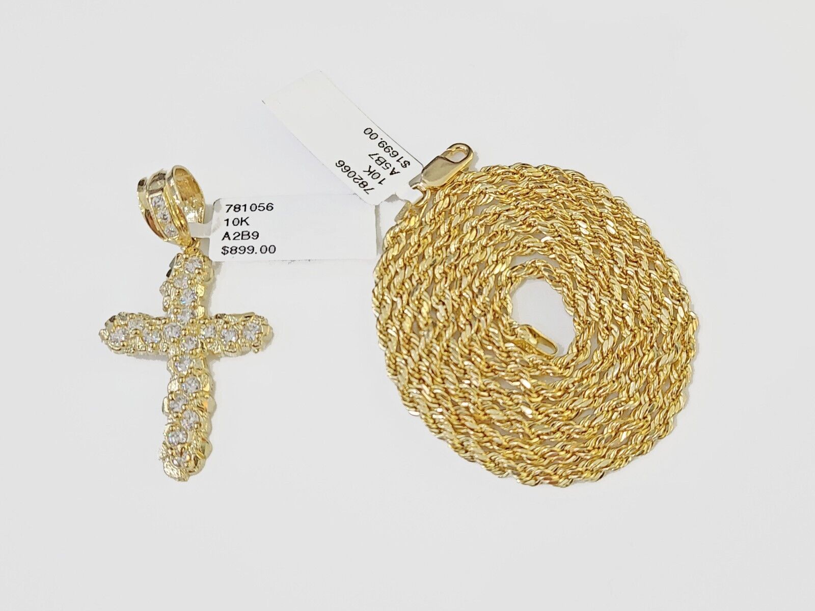 10k Gold Rope Chain & Cross Charm Pendent SET 3mm 22 Inches Necklace , Real 10kt - GoldenlinQ