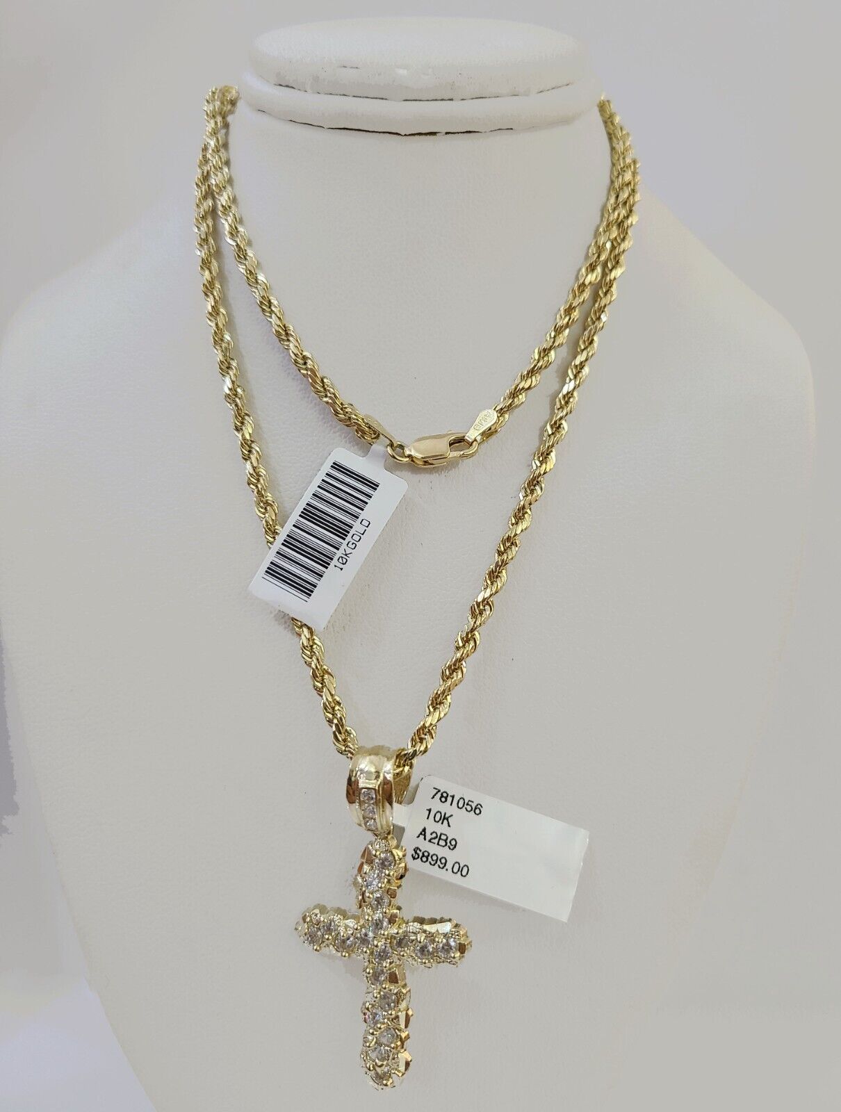 10k Gold Rope Chain & Cross Charm Pendent SET 3mm 22 Inches Necklace , Real 10kt - GoldenlinQ