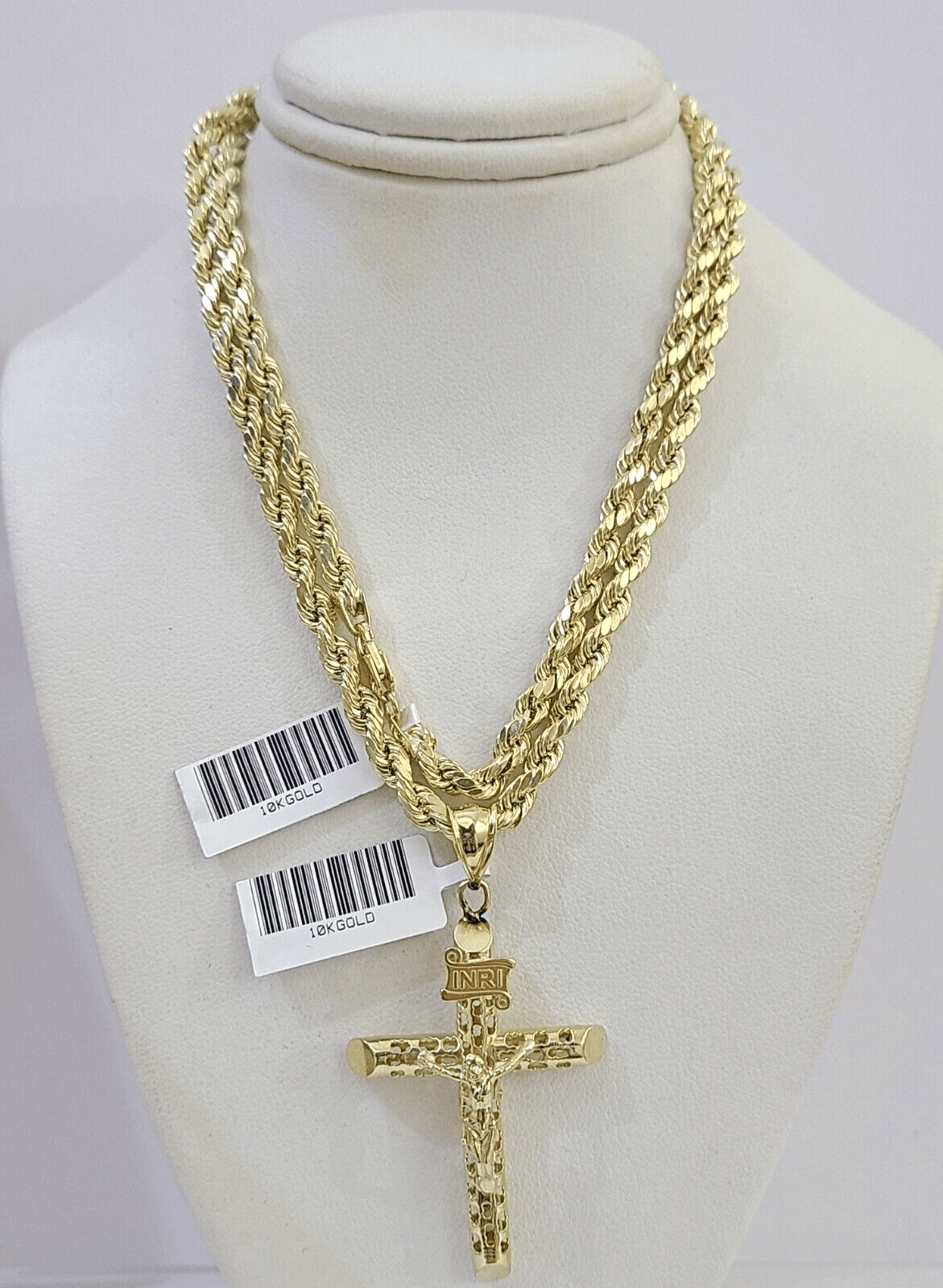 10k Gold Rope Chain & Cross Charm Pendent SET 4mm 24 Inches Necklace - GoldenlinQ