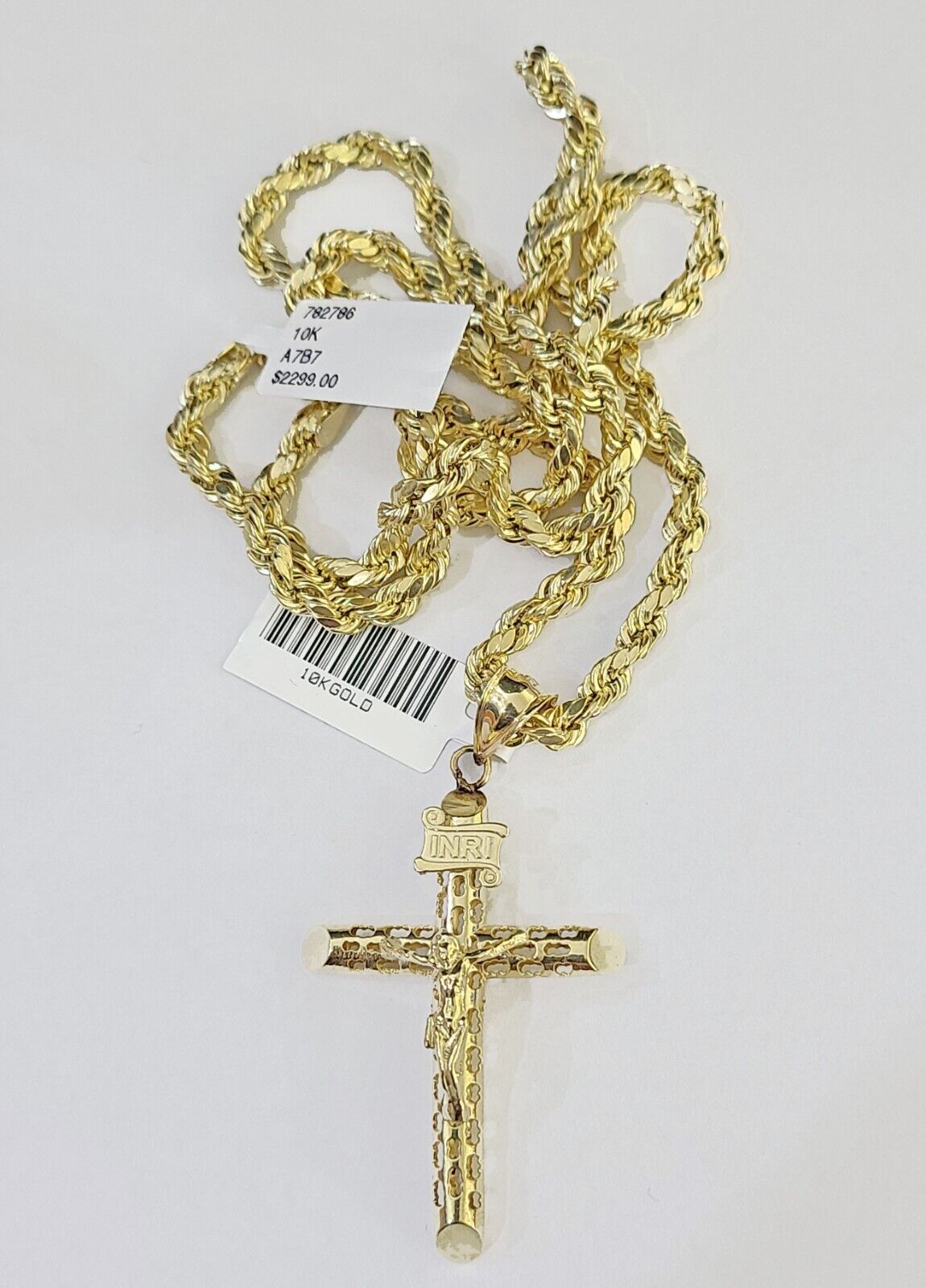 10k Gold Rope Chain & Cross Charm Pendent SET 4mm 24 Inches Necklace - GoldenlinQ