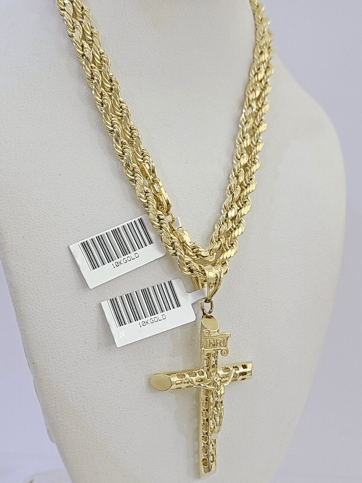 10k Gold Rope Chain & Cross Charm Pendent SET 4mm 24 Inches Necklace - GoldenlinQ