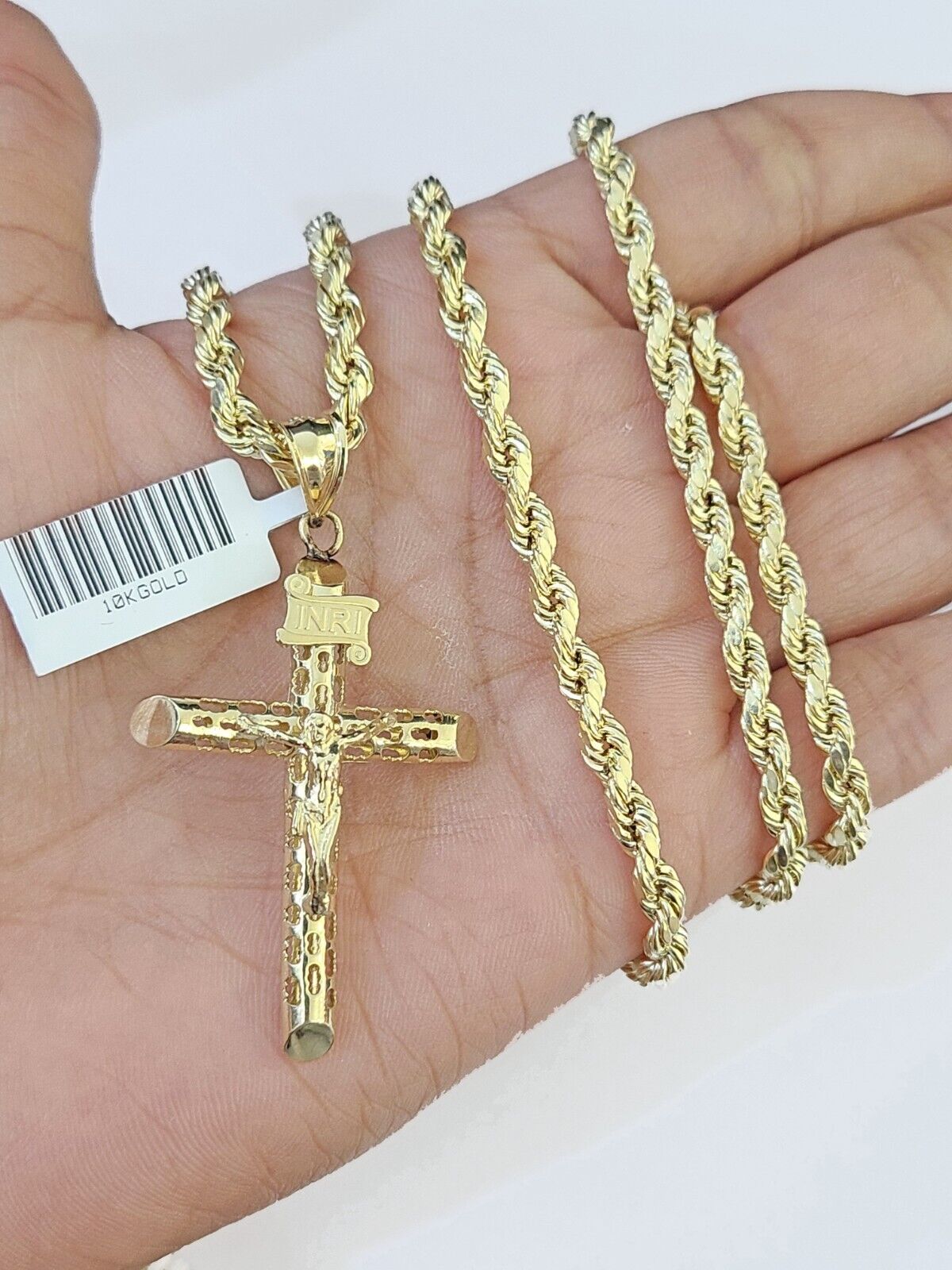 10k Gold Rope Chain & Cross Charm Pendent SET 4mm 24 Inches Necklace - GoldenlinQ