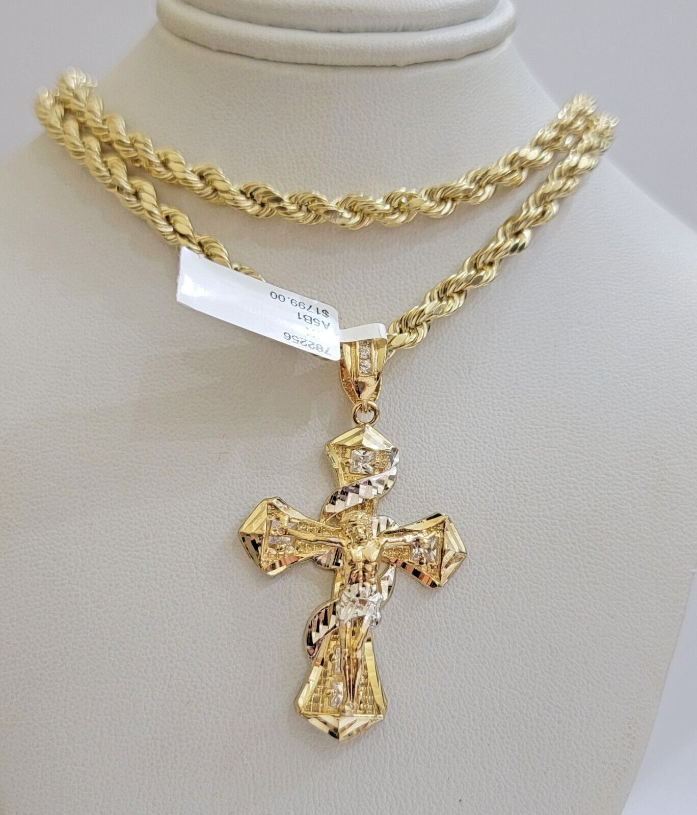 10k Gold Rope Chain Cross Charm Set Necklace 28" inch 5mm Jesus Pendant REAL 10K - GoldenlinQ