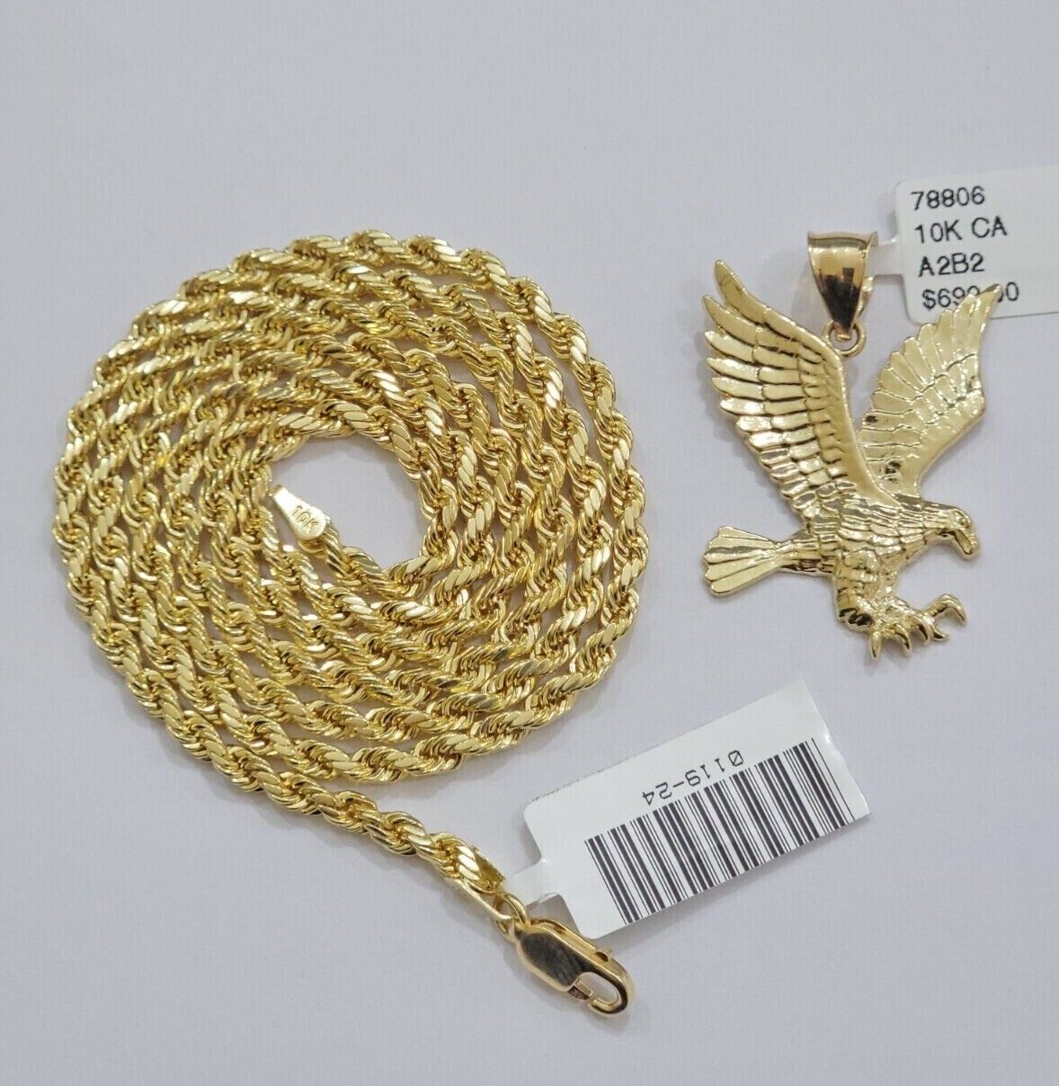 10k Gold Rope Chain Eagle Charm Pendant Set 22'' Inches 3mm Necklace REAL SALE - GoldenlinQ