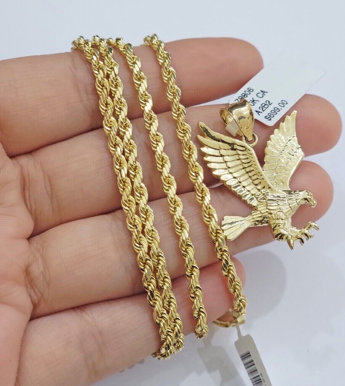 10k Gold Rope Chain Eagle Charm Pendant Set 22'' Inches 3mm Necklace REAL SALE - GoldenlinQ