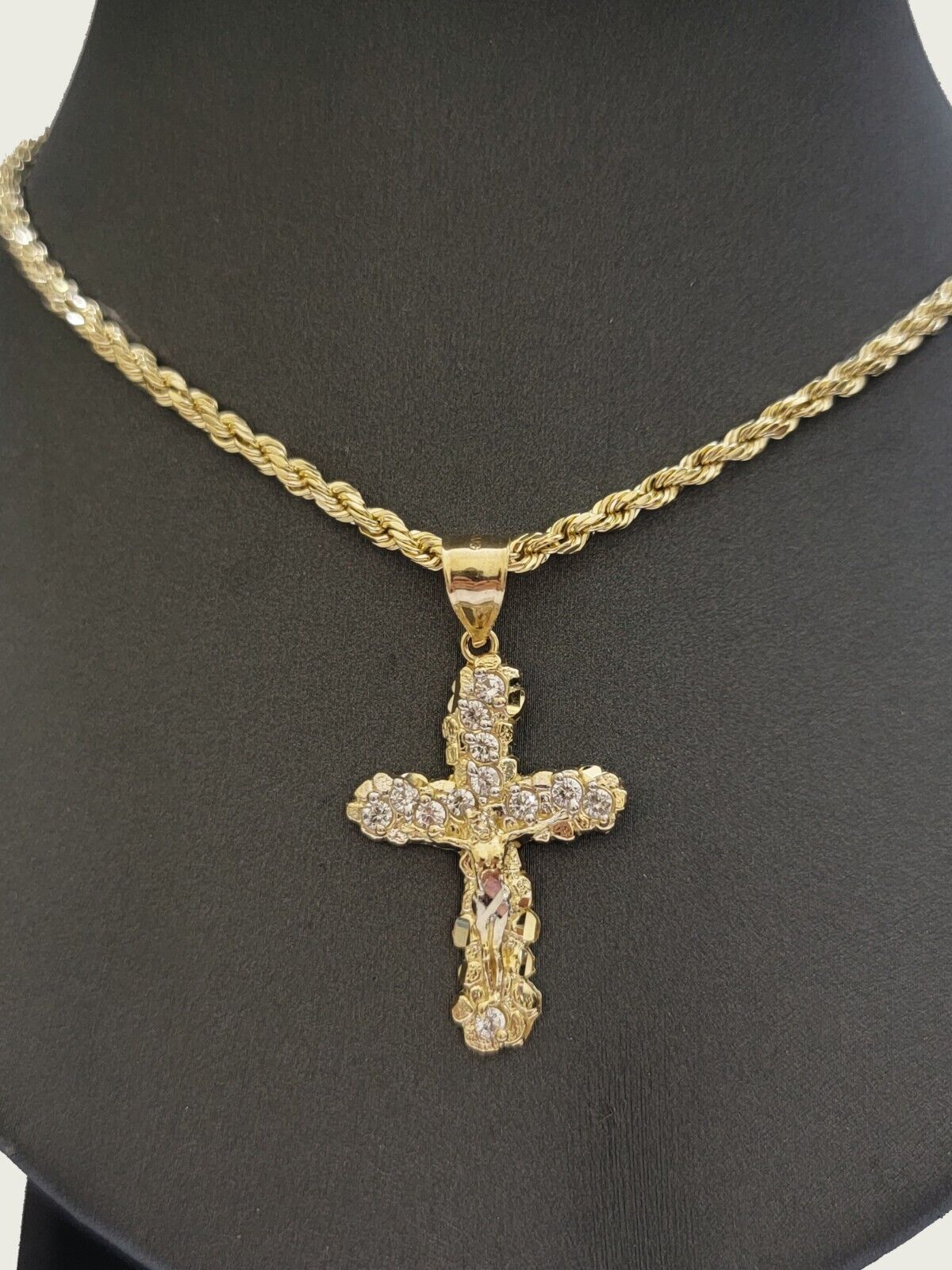 10k Gold Rope Chain Jesus Cross Charm Pendant Set 18 - 28" inch 3mm Necklace, REAL - GoldenlinQ