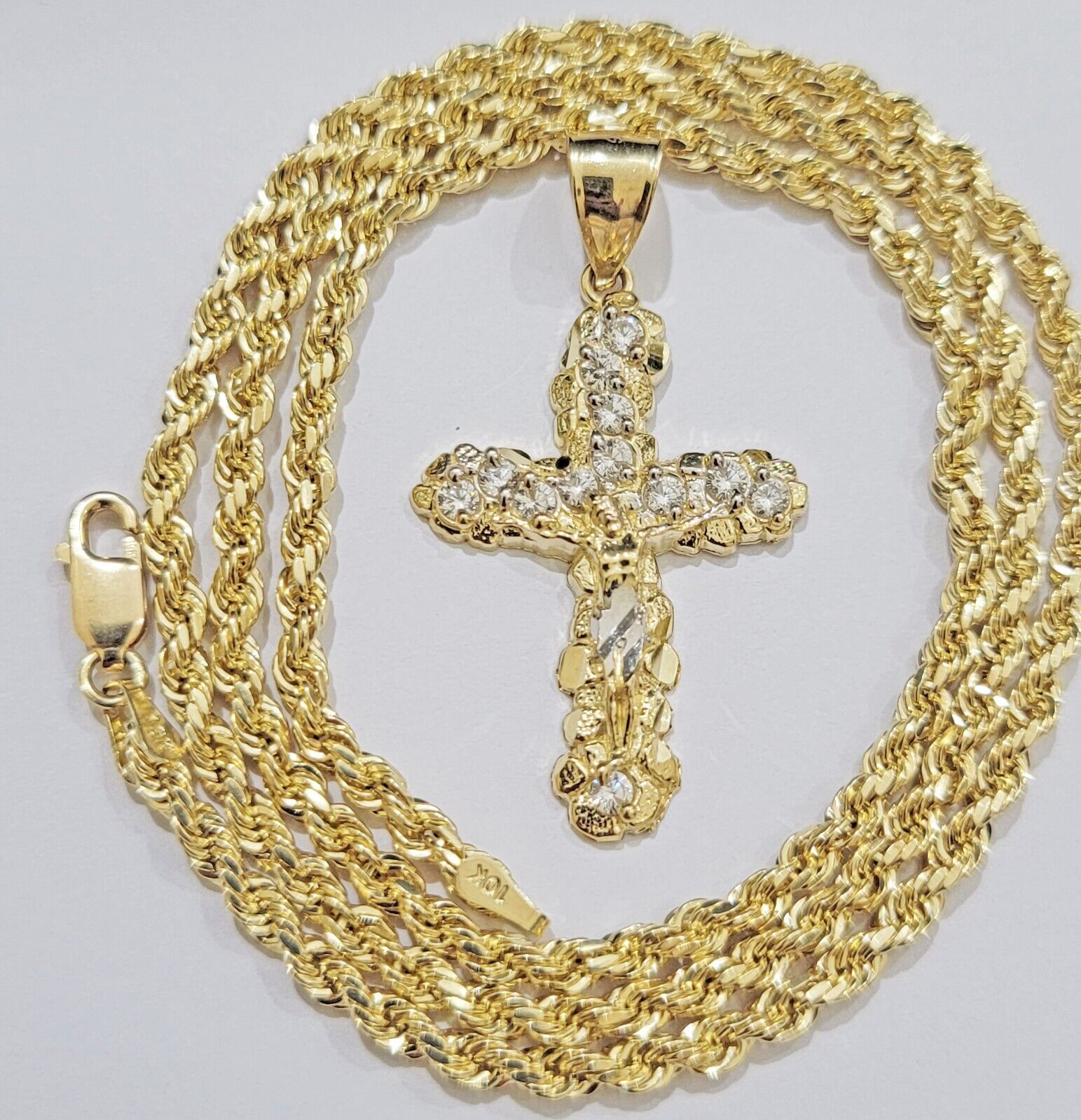 10k Gold Rope Chain Jesus Cross Charm Pendant Set 18 - 28" inch 3mm Necklace, REAL - GoldenlinQ