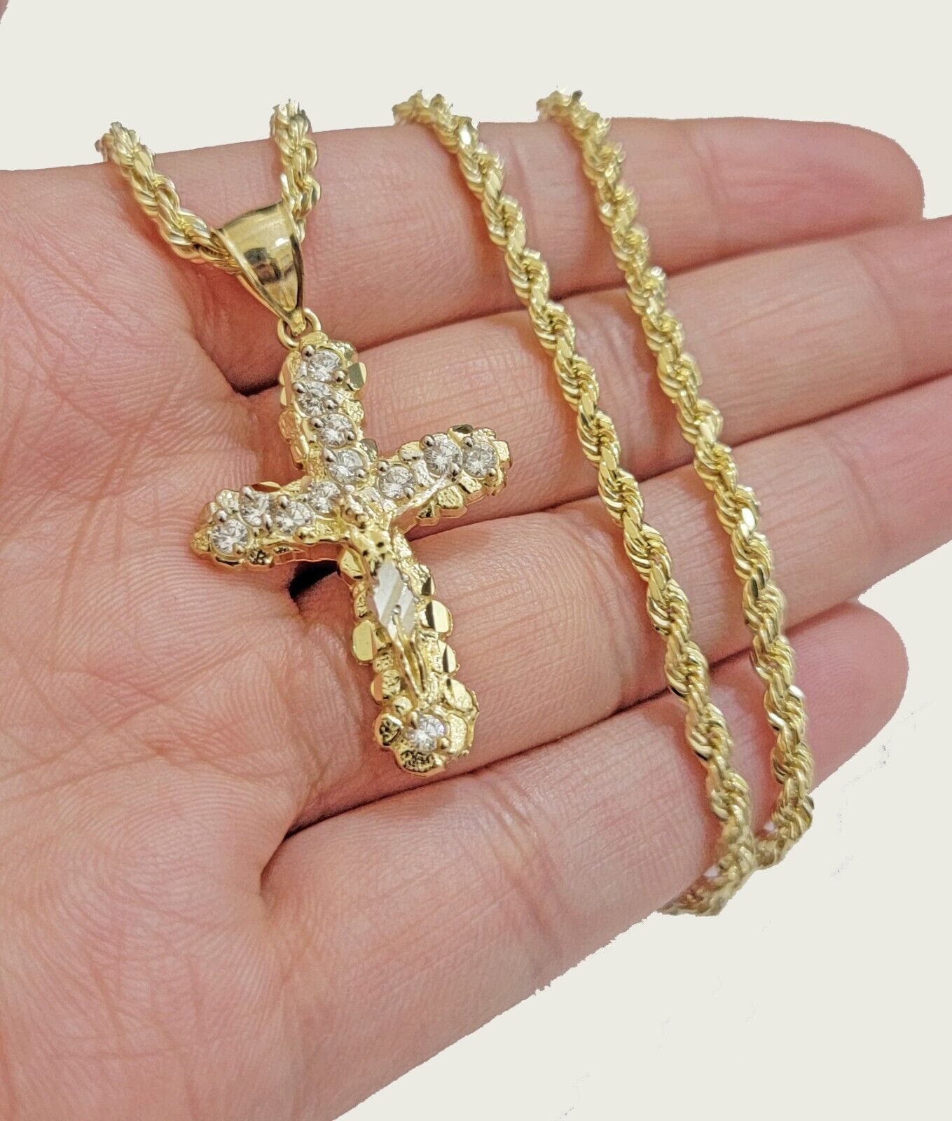10k Gold Rope Chain Jesus Cross Charm Pendant Set 18 - 28" inch 4mm Necklace, REAL - GoldenlinQ