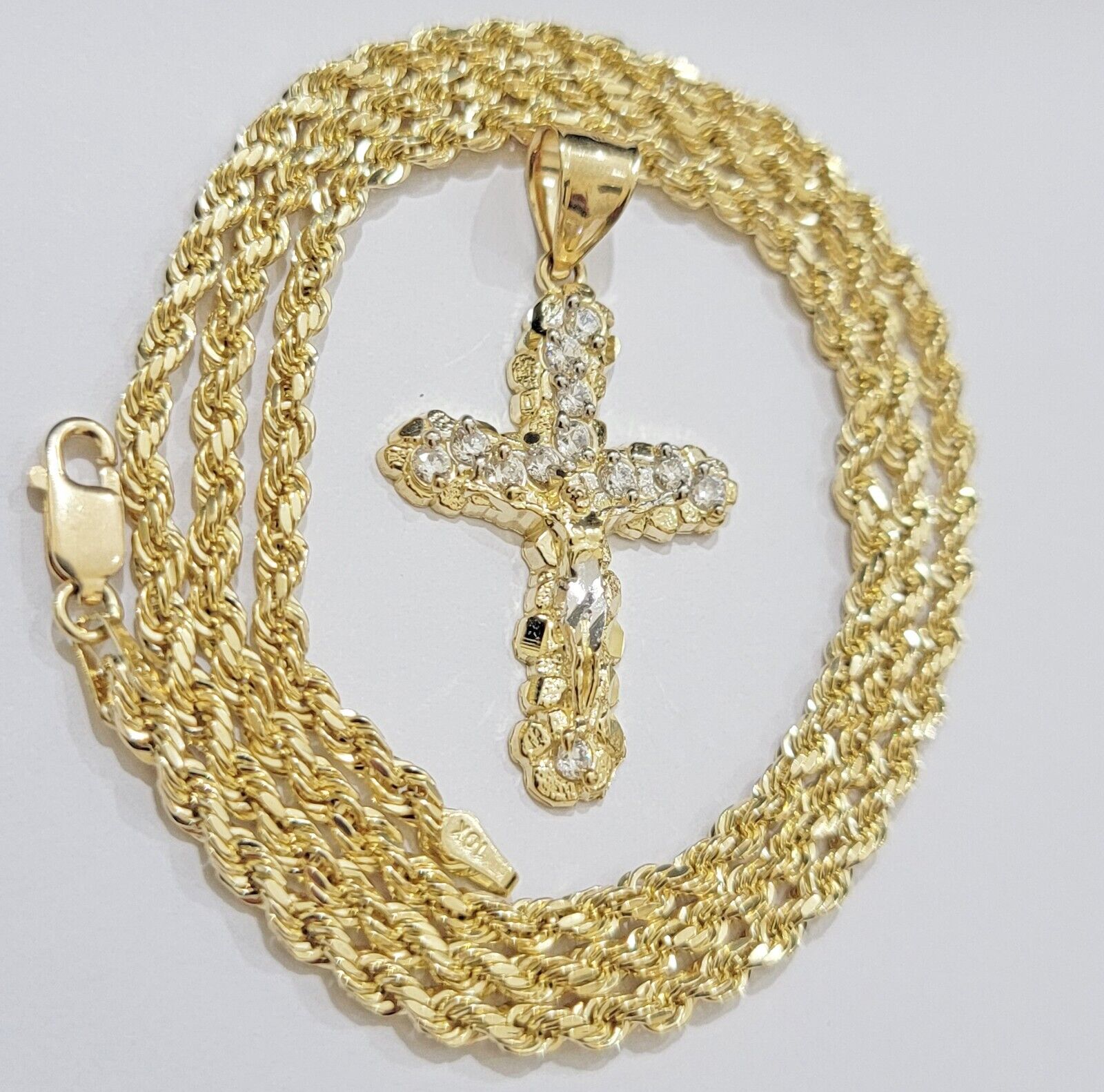 10k Gold Rope Chain Jesus Cross Charm Pendant Set 18 - 28" inch 4mm Necklace, REAL - GoldenlinQ