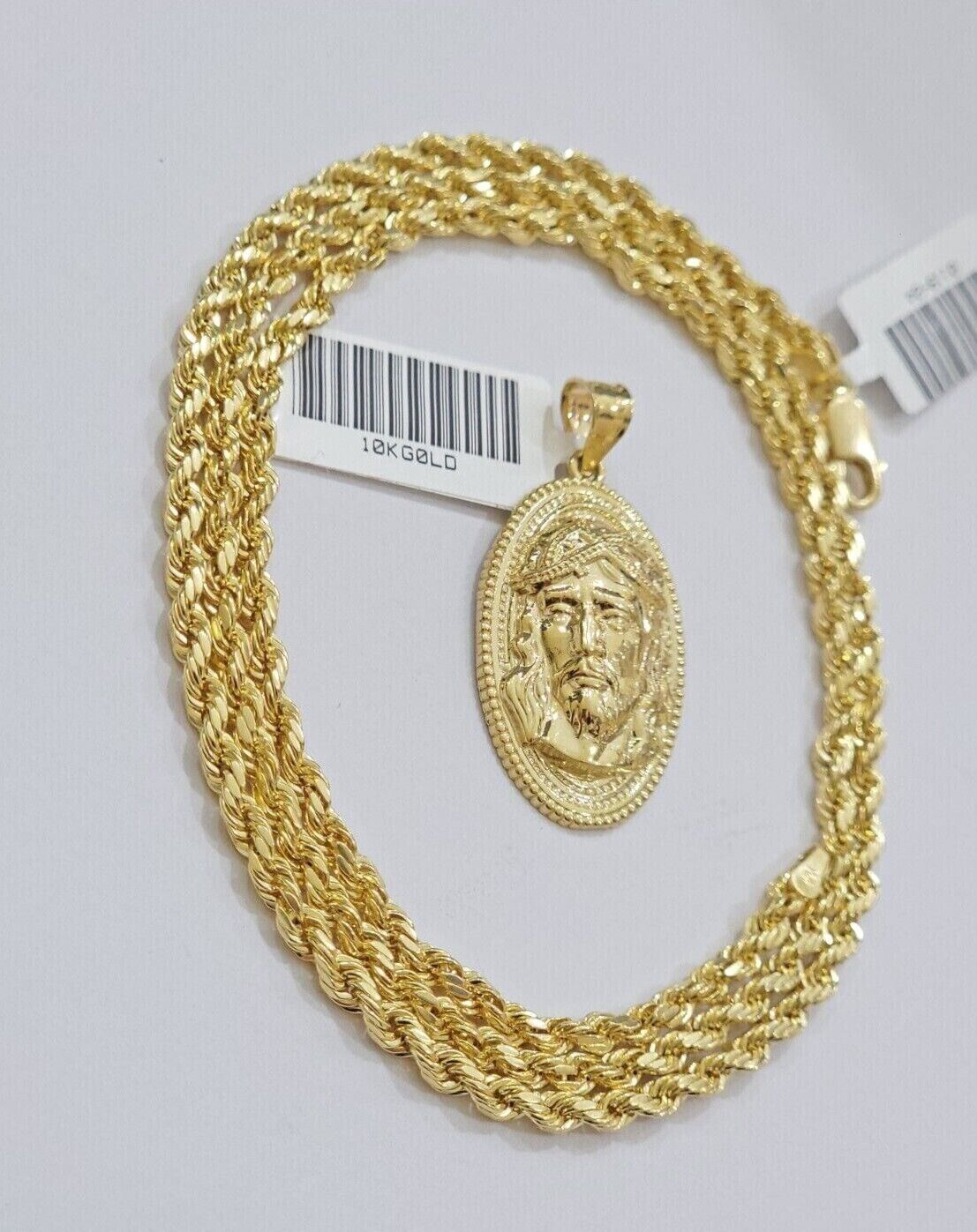 10k Gold Rope Chain Jesus Head Charm Pendant Set 22" Inch 3mm Necklace REAL SALE - GoldenlinQ
