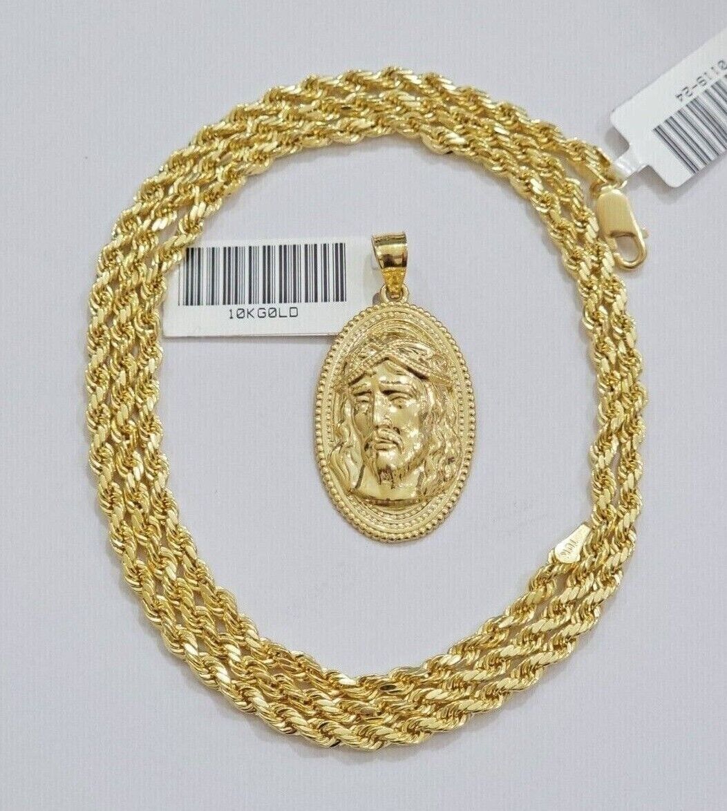 10k Gold Rope Chain Jesus Head Charm Pendant Set 22" Inch 3mm Necklace REAL SALE - GoldenlinQ