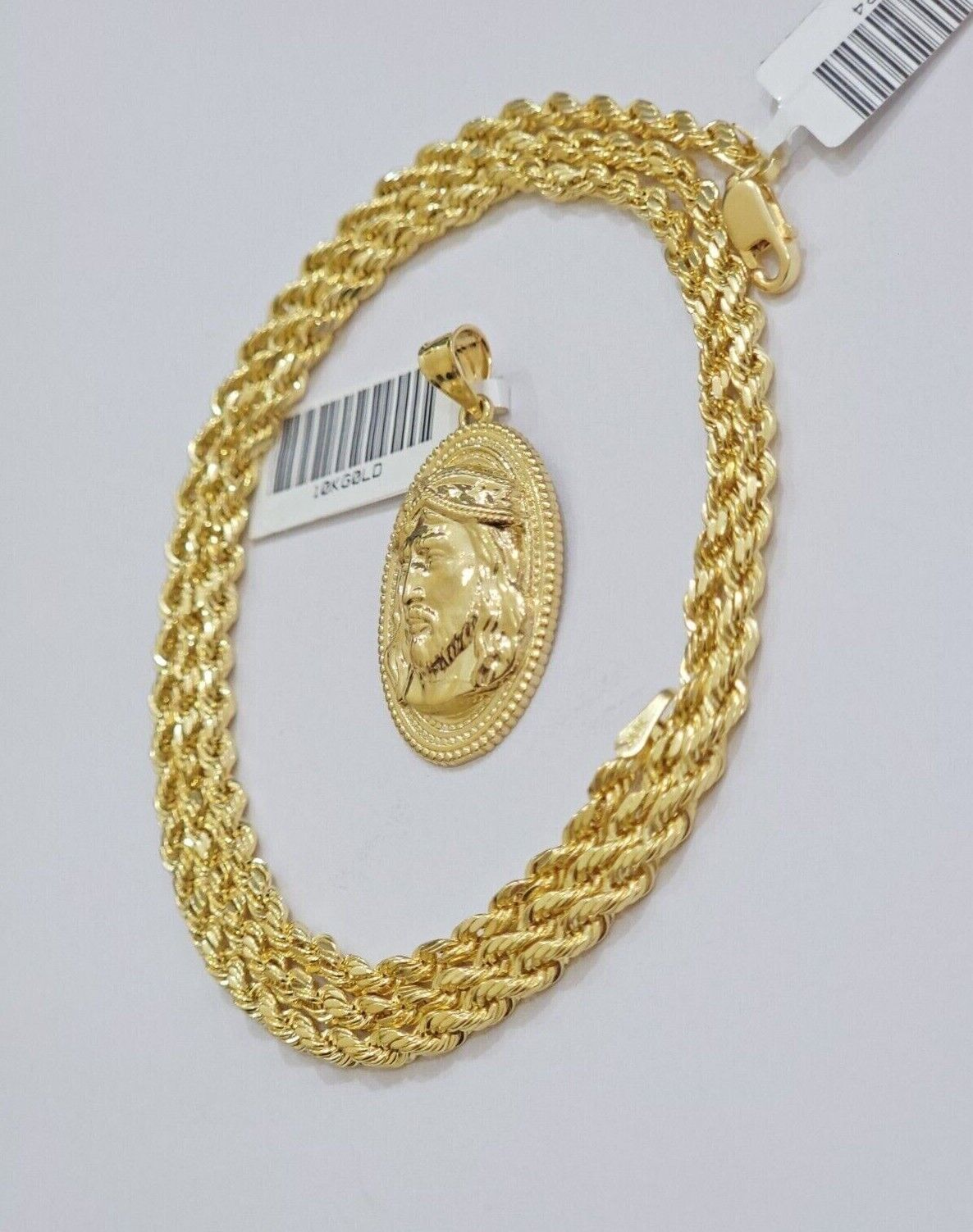 10k Gold Rope Chain Jesus Head Charm Pendant Set 22" Inch 3mm Necklace REAL SALE - GoldenlinQ