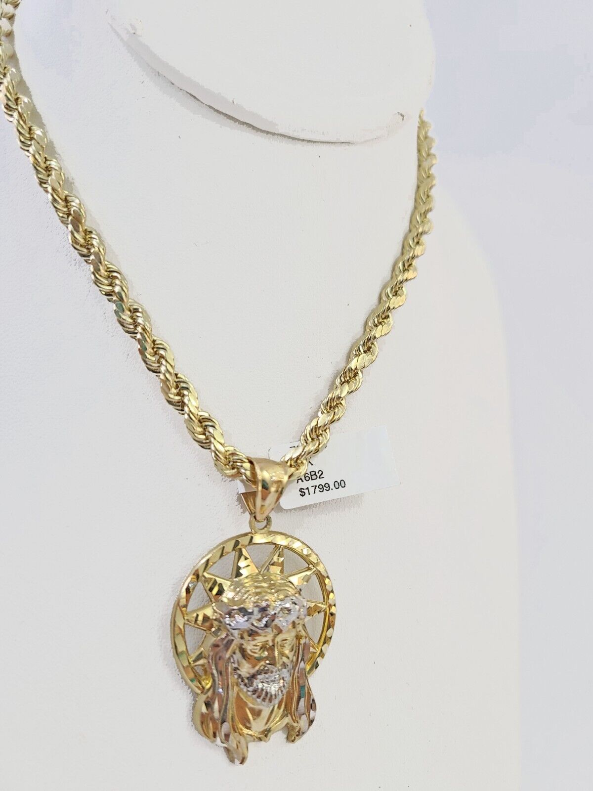 10k Gold Rope Chain & Jesus Head Charm SET 5mm 22 Inches Necklace - GoldenlinQ