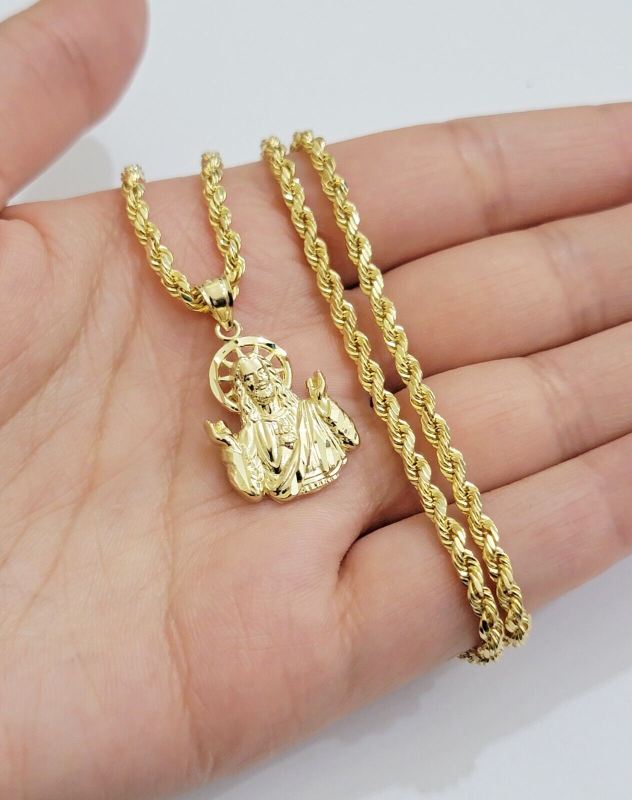 10k Gold Rope Chain Jesus Head pendant Set 3mm 24 Inch Necklace & Charm REAL 10k - GoldenlinQ