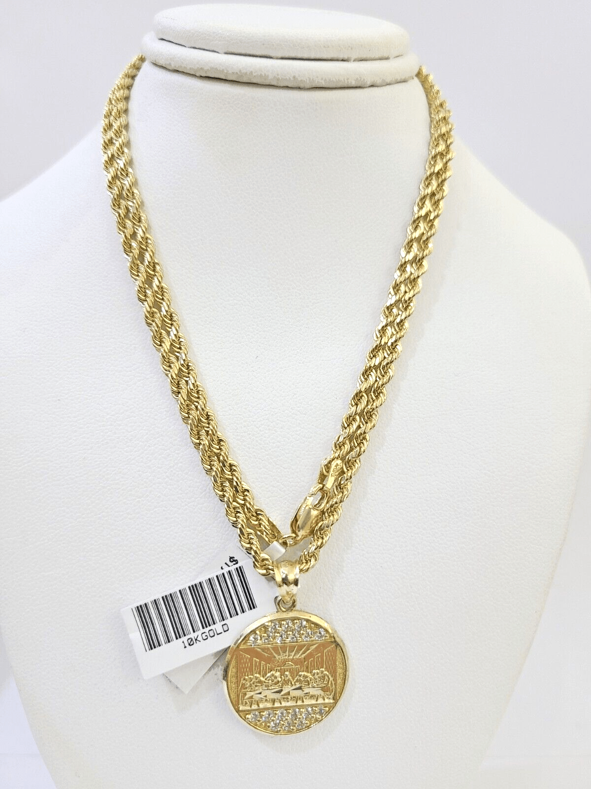 10k Gold Rope Chain & Last Supper Charm Pendent SET 3mm 22 Inches Necklace - GoldenlinQ