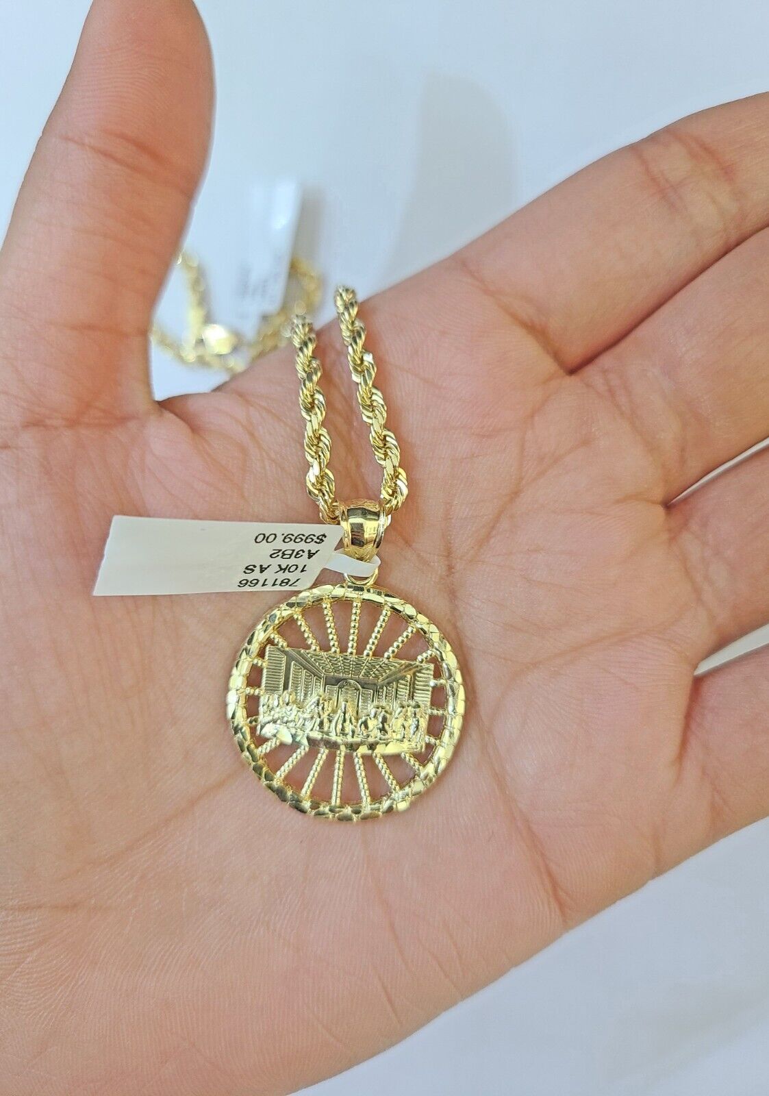 10k Gold Rope Chain & Last Supper Charm Pendent SET 3mm 22 Inches Necklace - GoldenlinQ