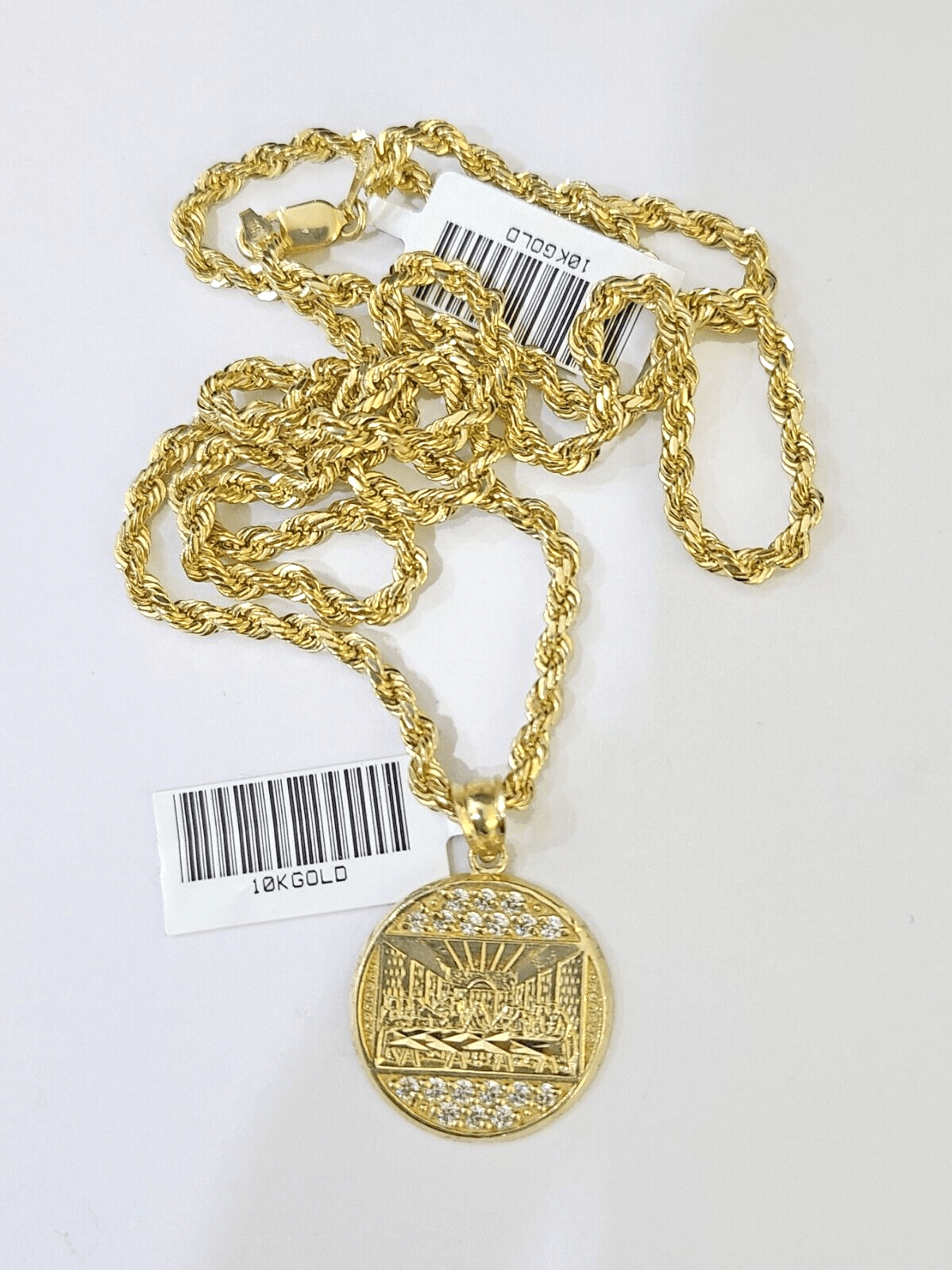 10k Gold Rope Chain & Last Supper Charm Pendent SET 3mm 22 Inches Necklace - GoldenlinQ