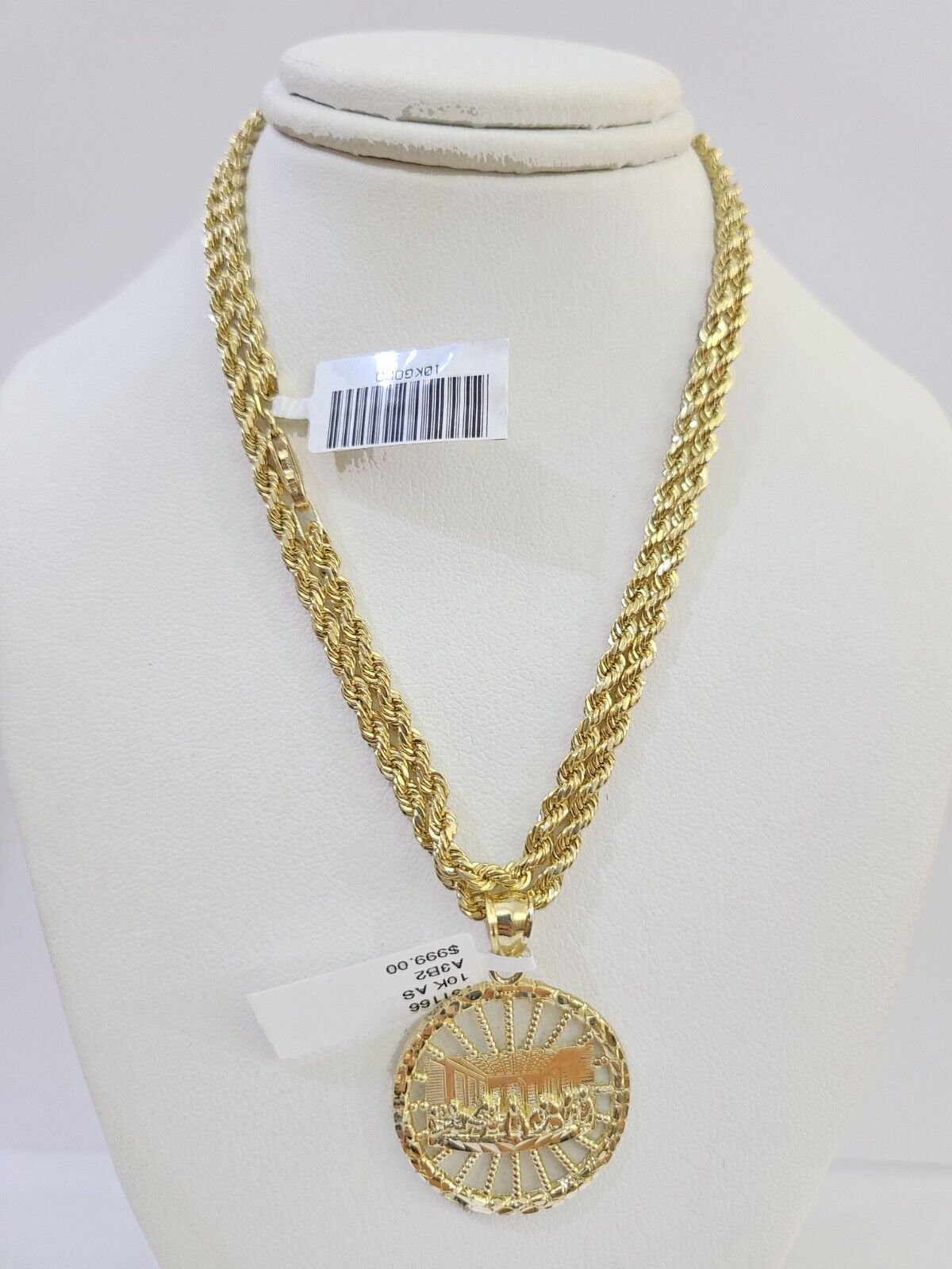 10k Gold Rope Chain & Last Supper Charm Pendent SET 3mm 22 Inches Necklace - GoldenlinQ