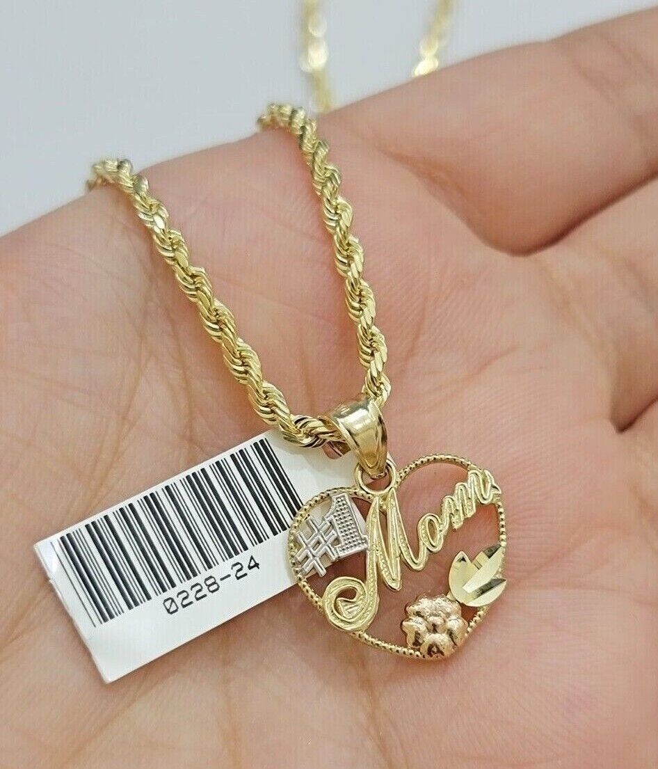 10k Gold Rope Chain Mom Heart Charm Pendant Set 16 - 28'' Inch 2.5mm Necklace REAL - GoldenlinQ