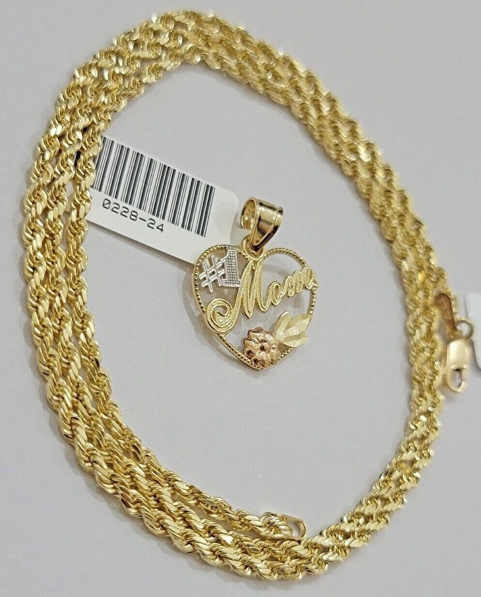 10k Gold Rope Chain Mom Heart Charm Pendant Set 16 - 28'' Inch 2.5mm Necklace REAL - GoldenlinQ
