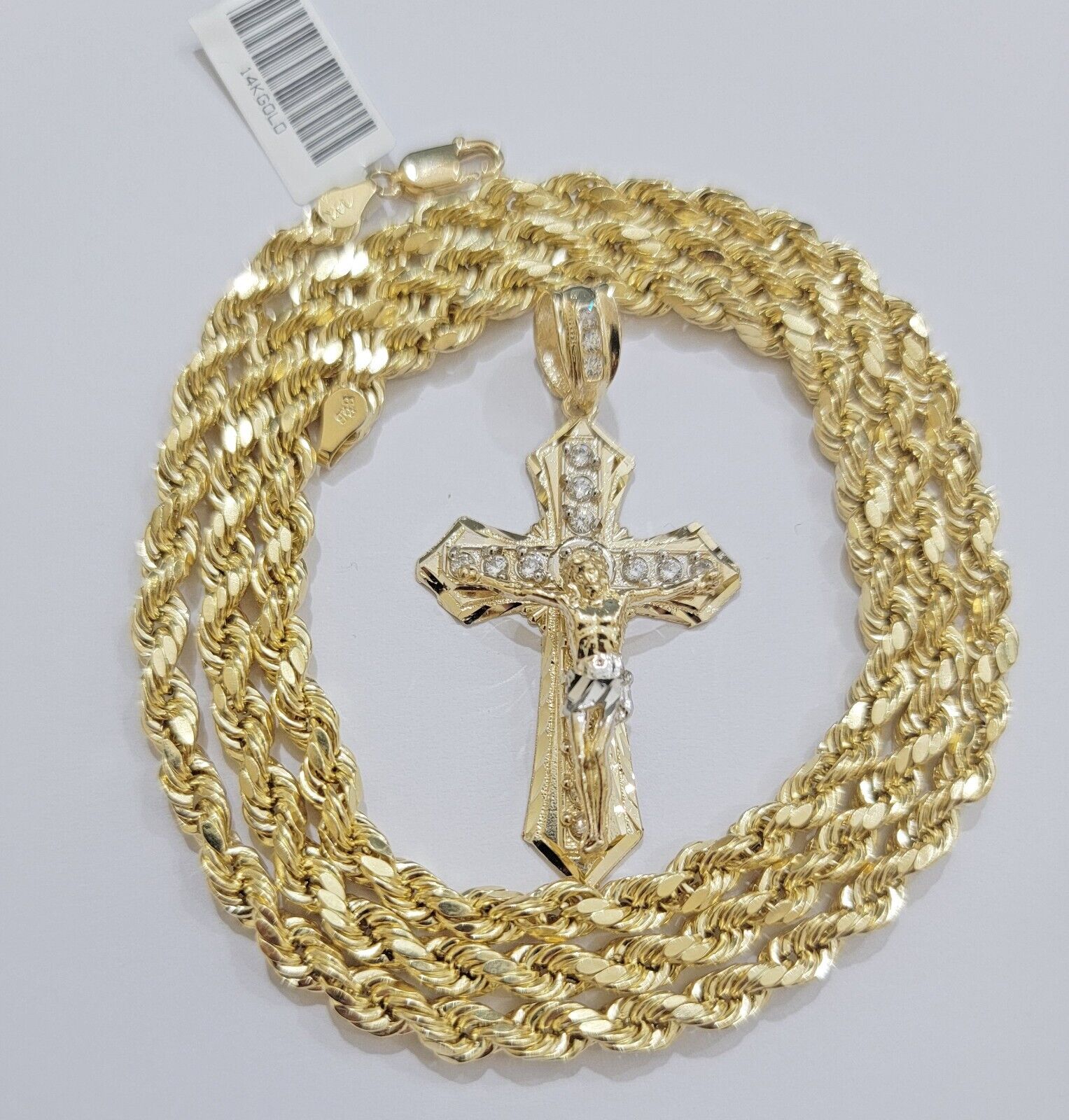 10k Gold Rope Chain Necklace Cross Charm Jesus Pendant Set 18 - 28" 5mm, REAL 10KT - GoldenlinQ