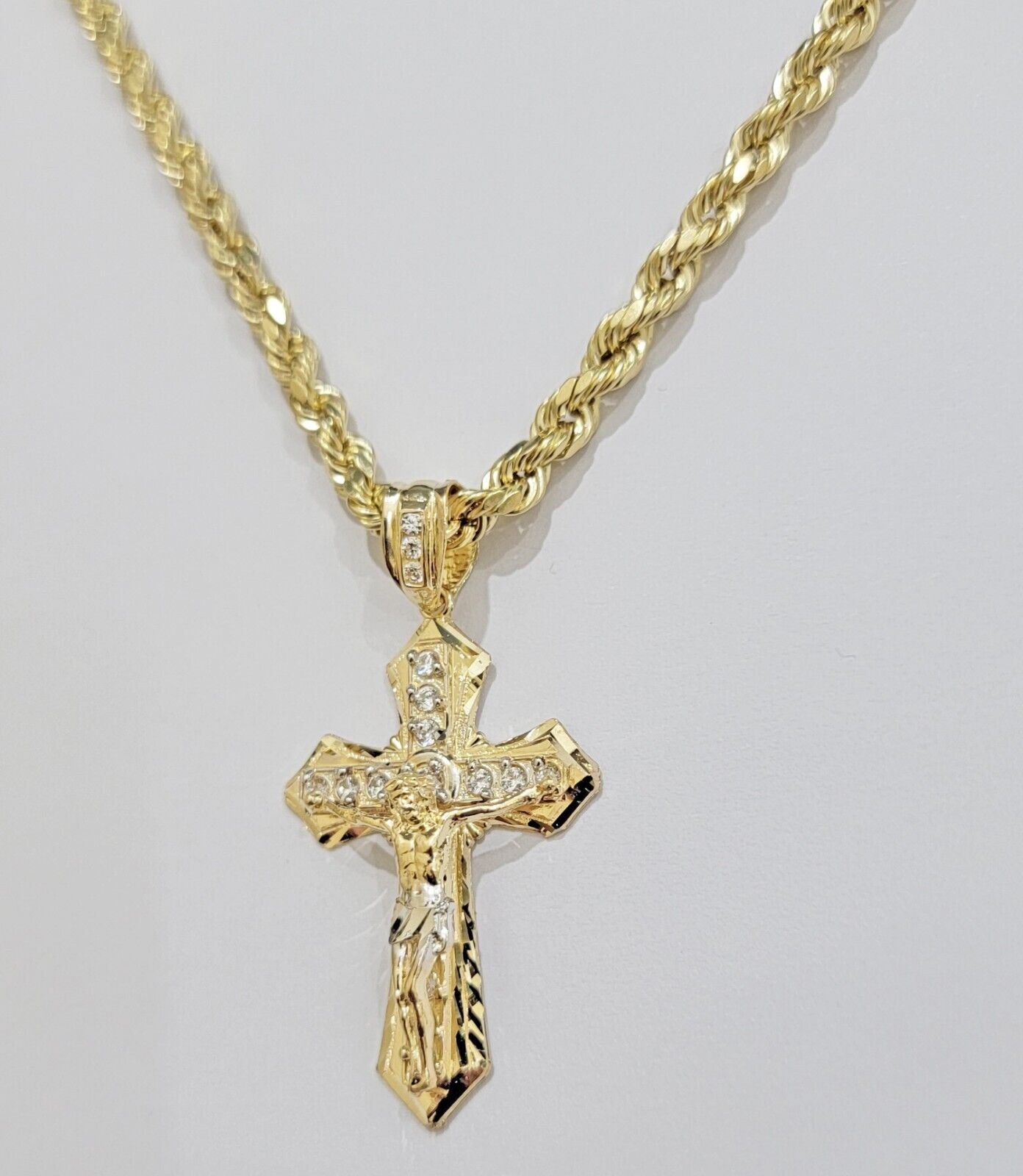 10k Gold Rope Chain Necklace Cross Charm Jesus Pendant Set 18 - 28" 5mm, REAL 10KT - GoldenlinQ