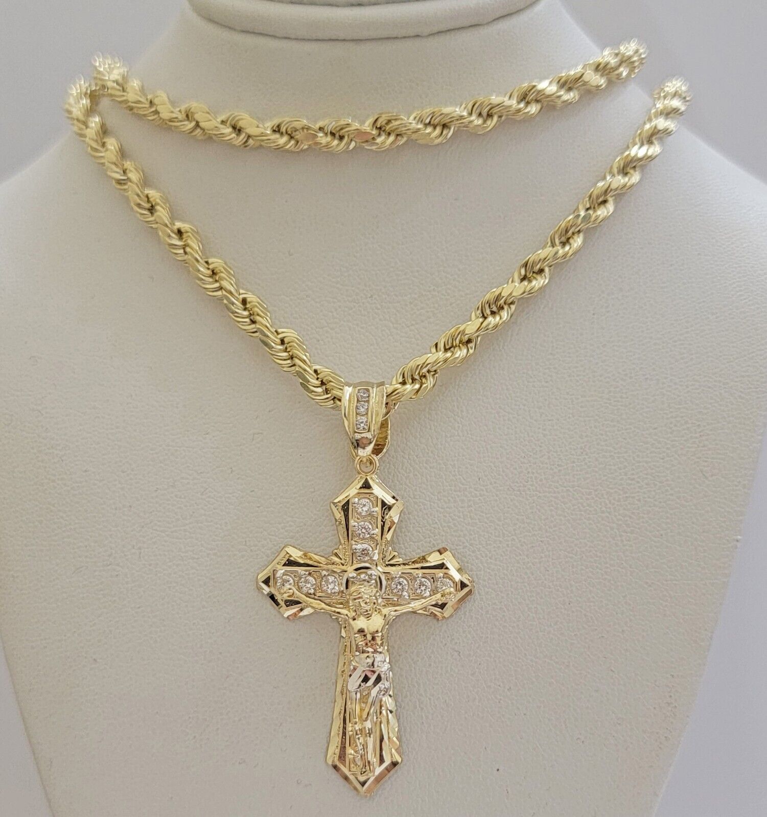 10k Gold Rope Chain Necklace Cross Charm Jesus Pendant Set 18 - 28" 5mm, REAL 10KT - GoldenlinQ