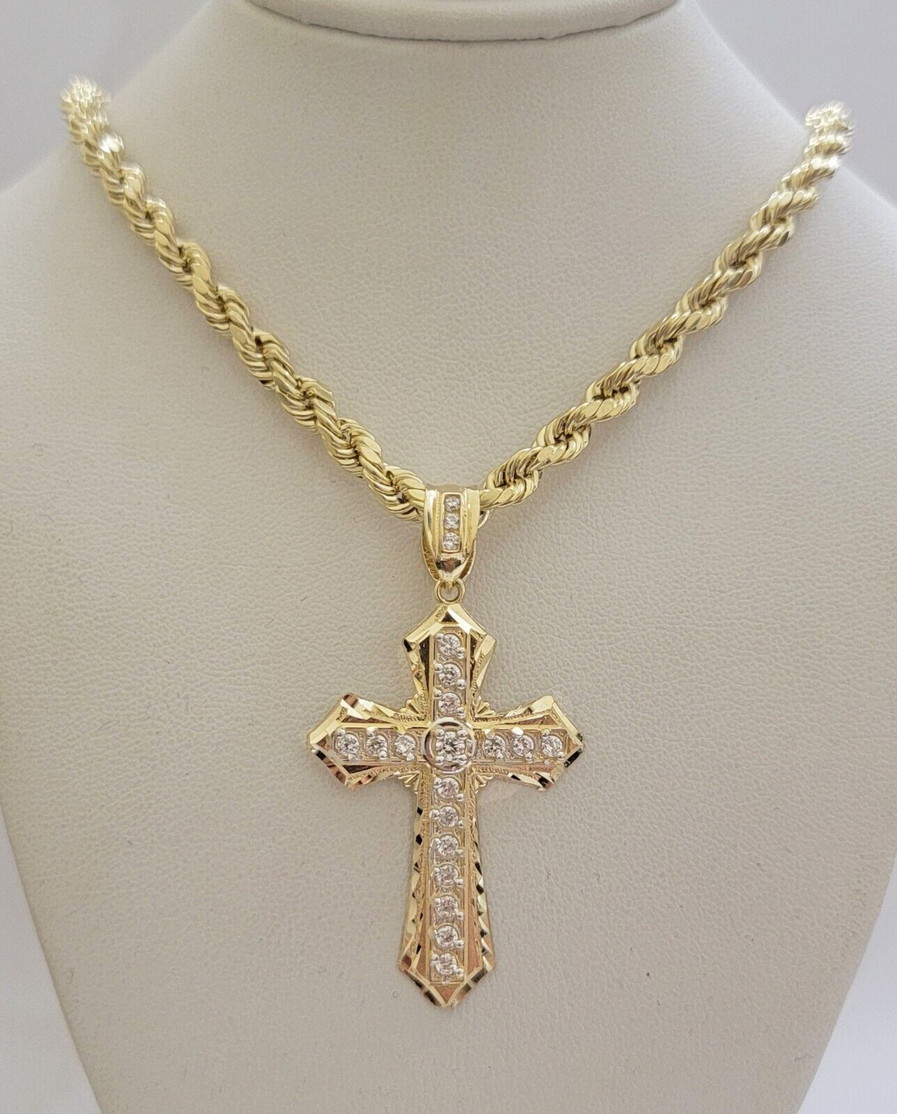 10k Gold Rope Chain Necklace & Cross Charm Pendant Set 28" inch 5mm, REAL 10kt - GoldenlinQ