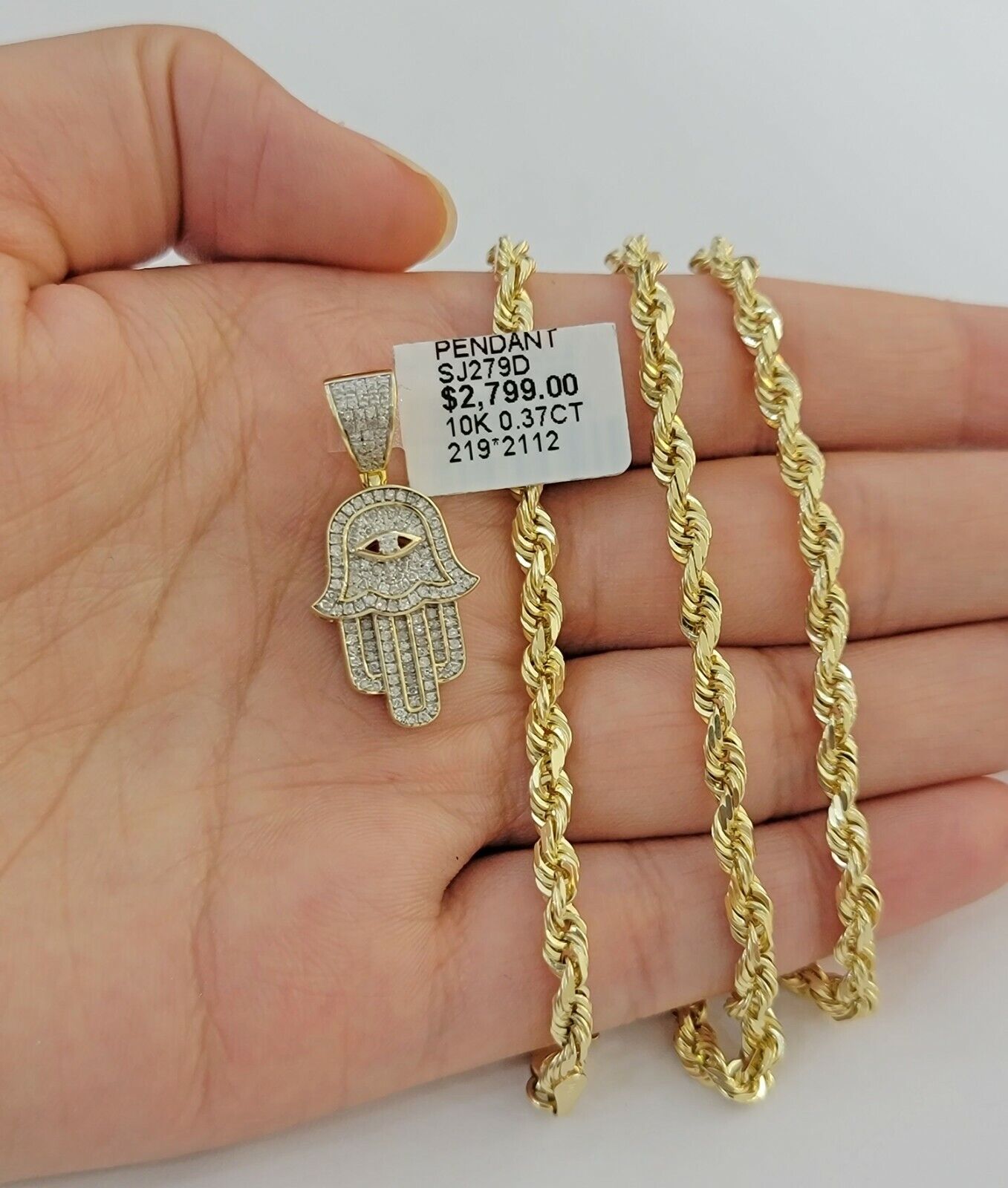 10k Gold Rope Chain necklace Hamsa Diamond Pendant Hamza Charm Necklace REAL - GoldenlinQ
