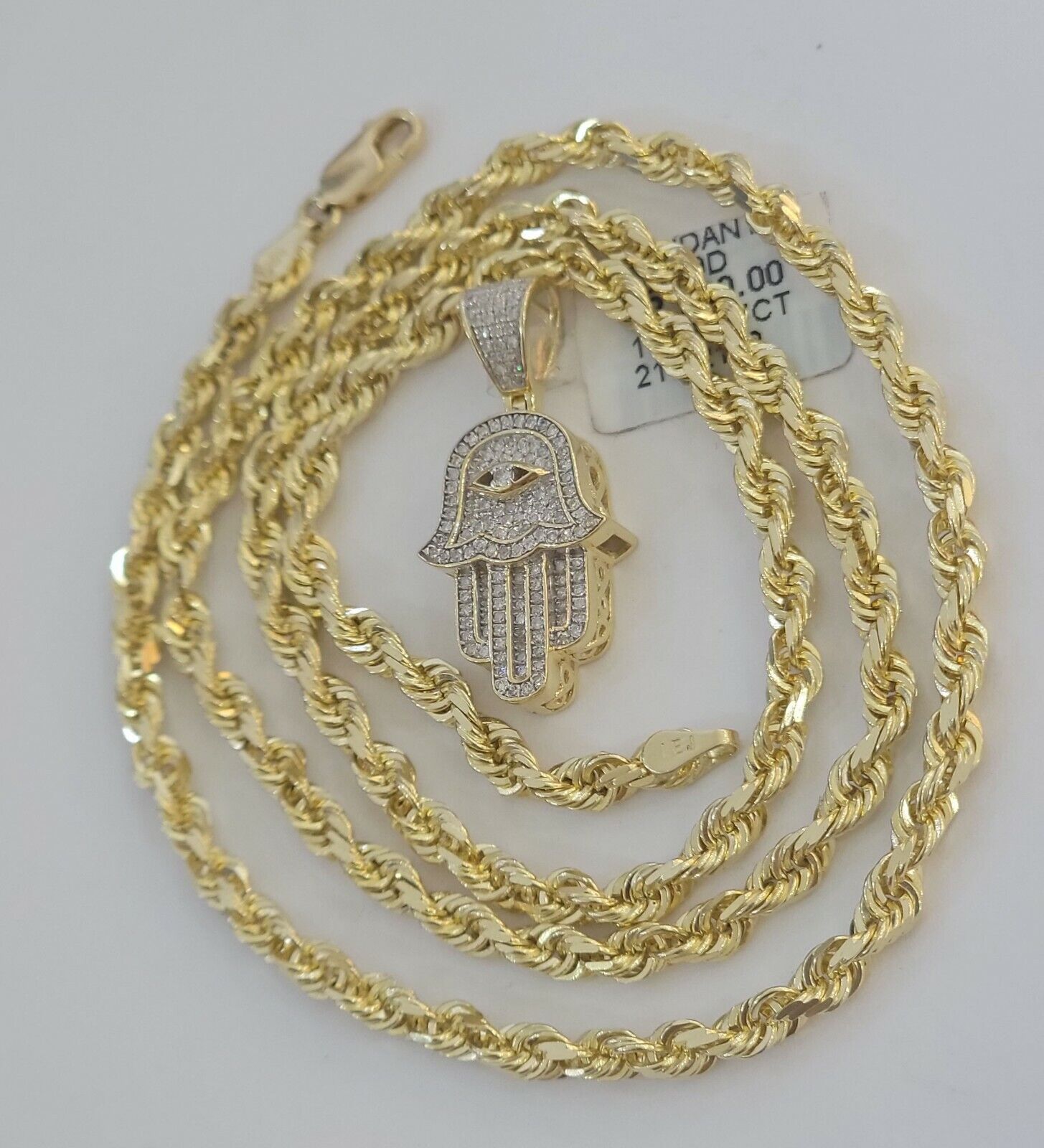 10k Gold Rope Chain necklace Hamsa Diamond Pendant Hamza Charm Necklace REAL - GoldenlinQ