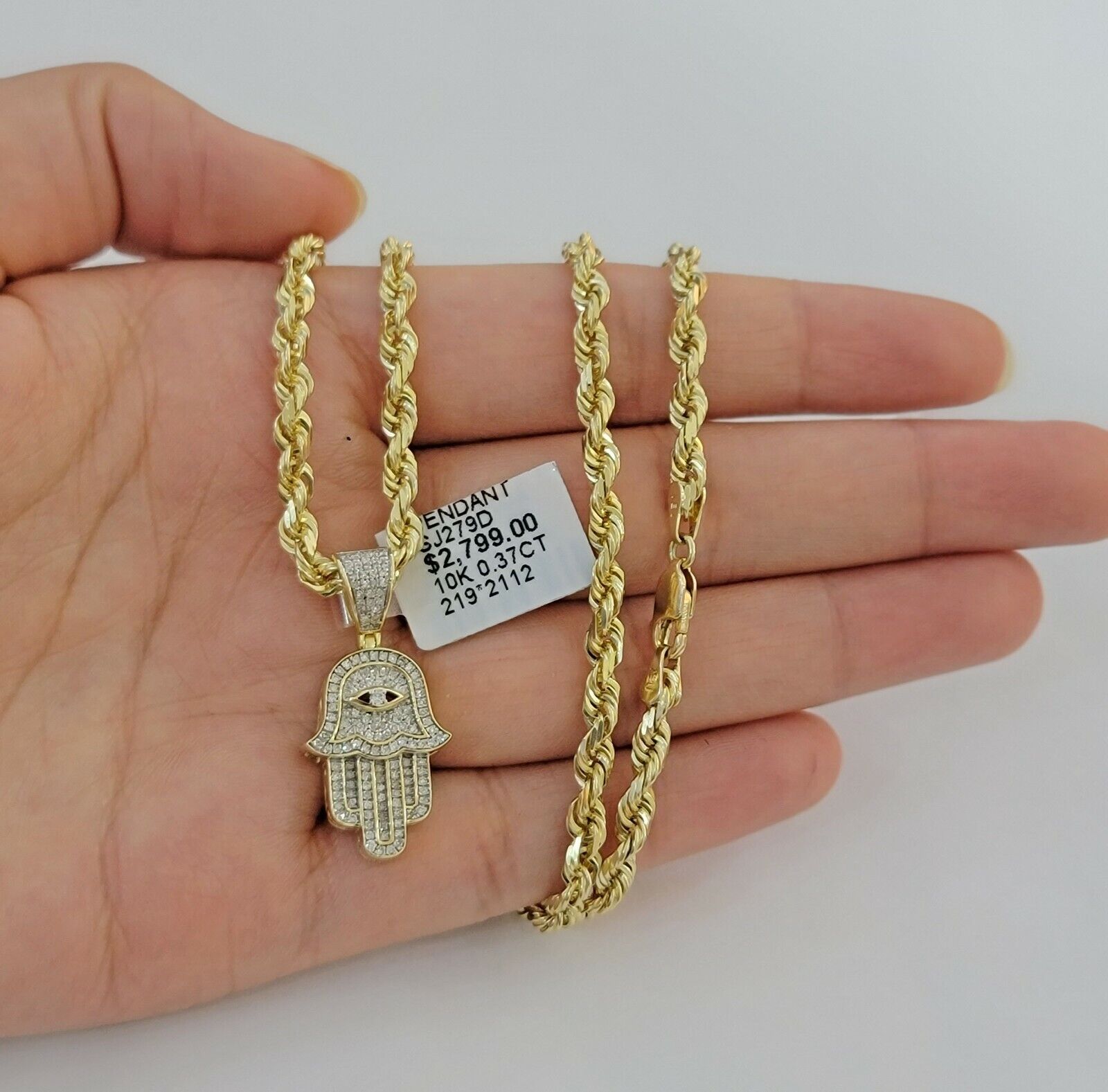 10k Gold Rope Chain necklace Hamsa Diamond Pendant Hamza Charm Necklace REAL - GoldenlinQ