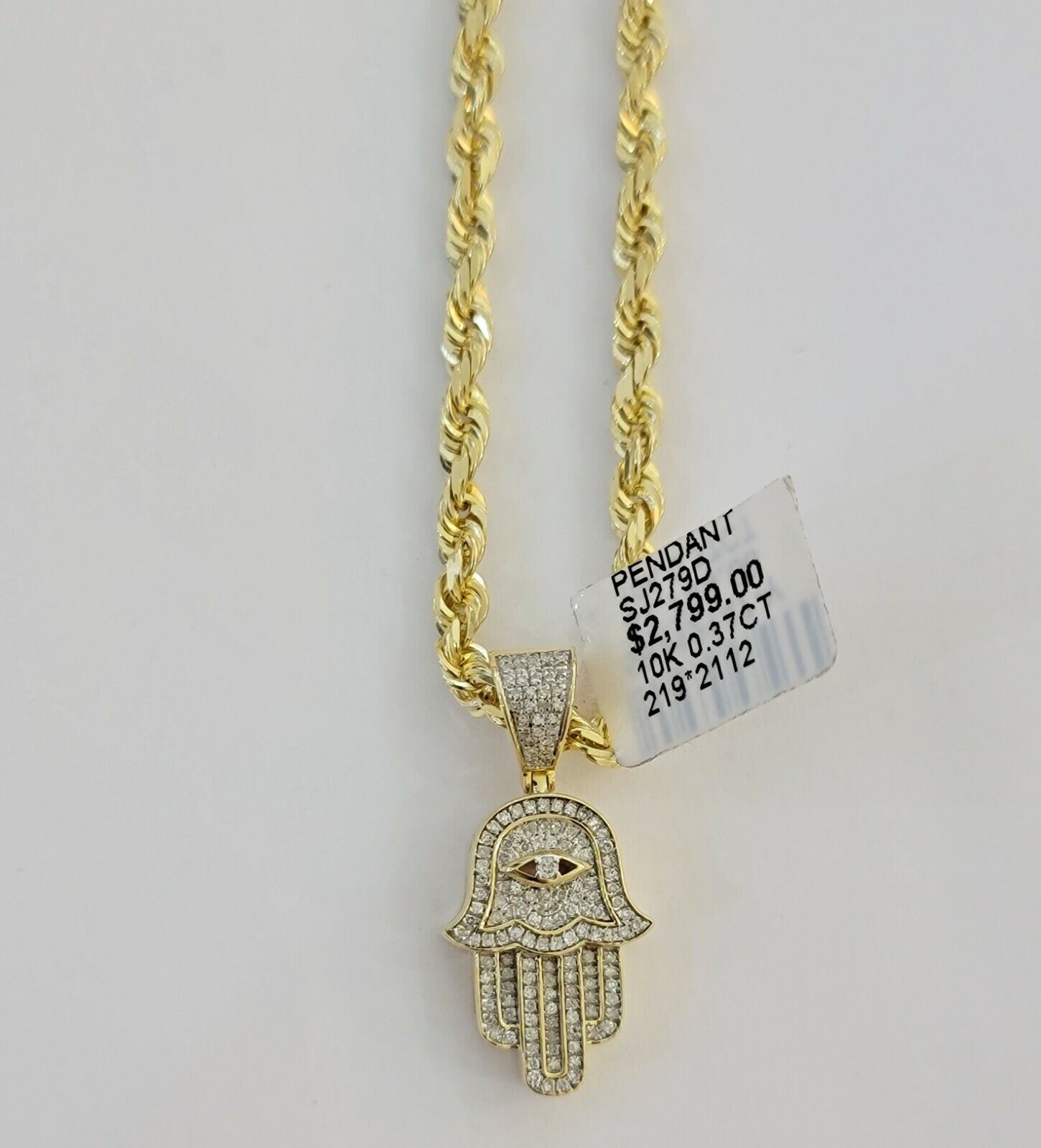 10k Gold Rope Chain necklace Hamsa Diamond Pendant Hamza Charm Necklace REAL - GoldenlinQ